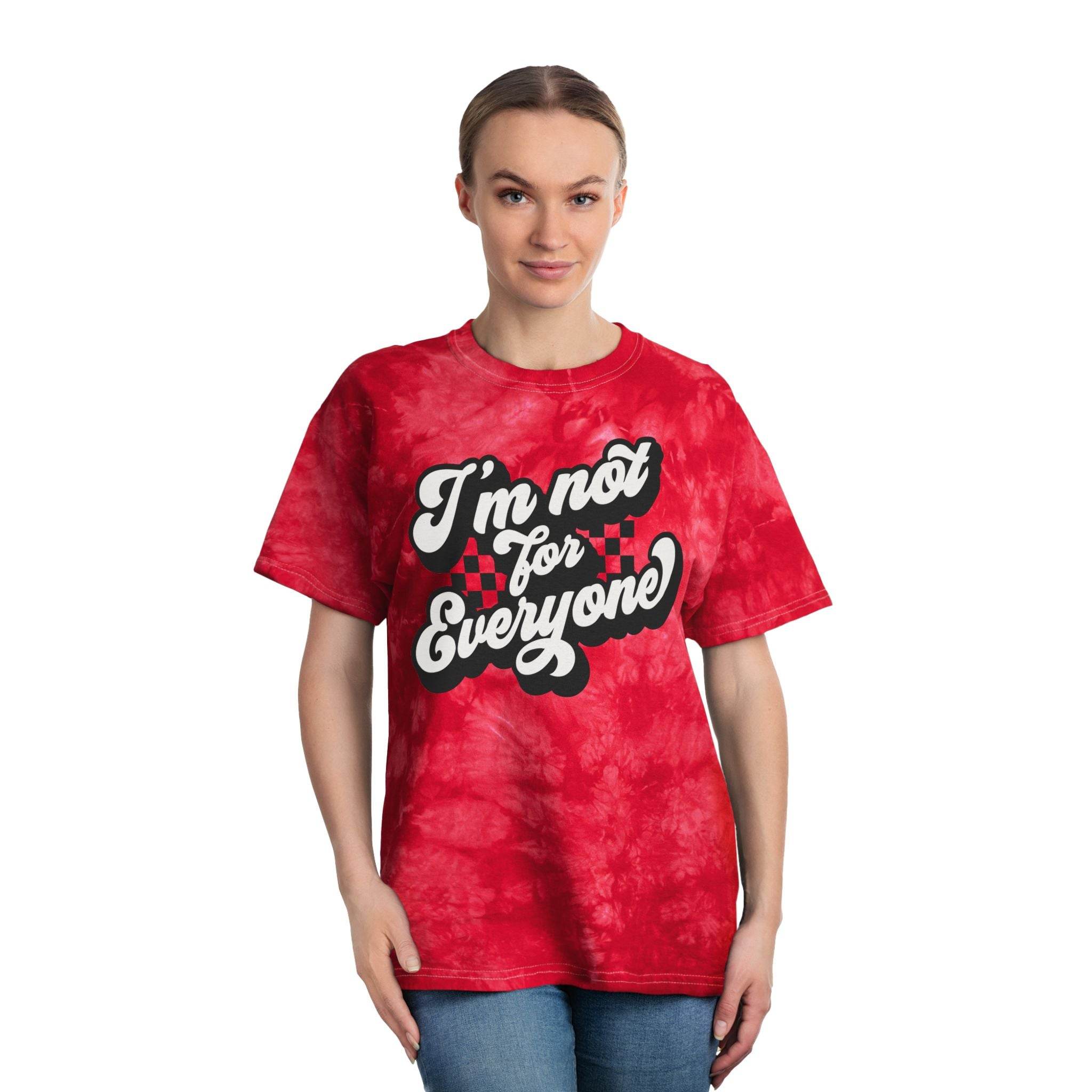 Printify eco-friendly tie-dye t-shirt in red with black and white I’m not for everyone graphic
