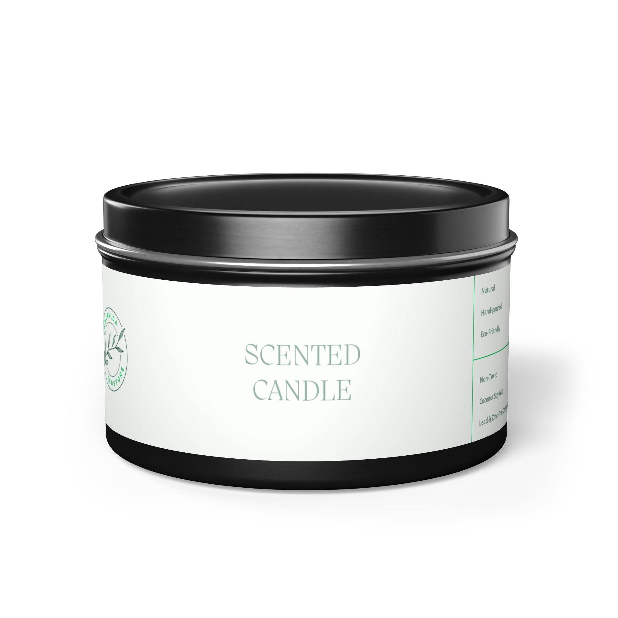 Printify eco-friendly tin candle with black lid and minimalist white label design