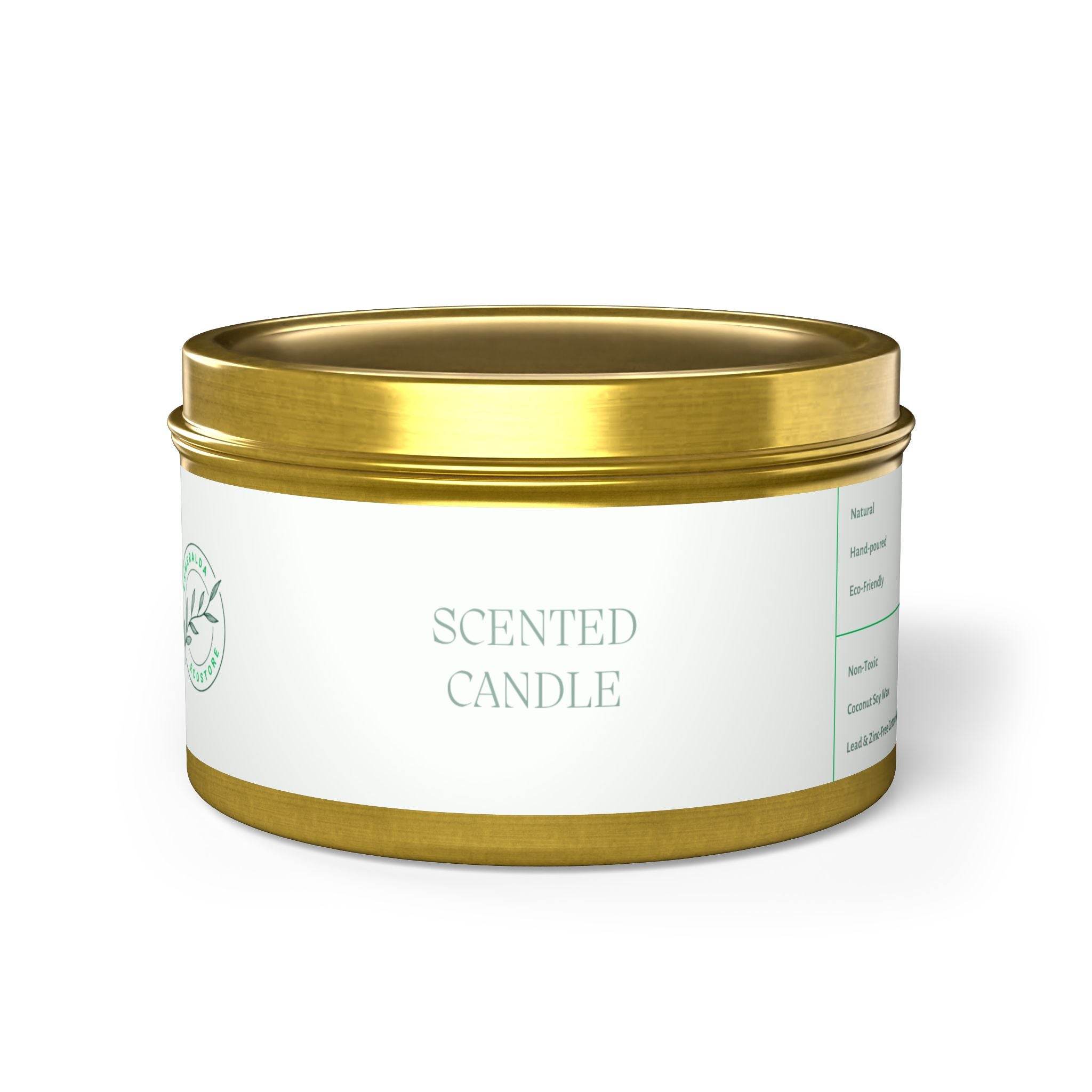 Printify eco-friendly tin candles scented candle in gold metal tin with white label
