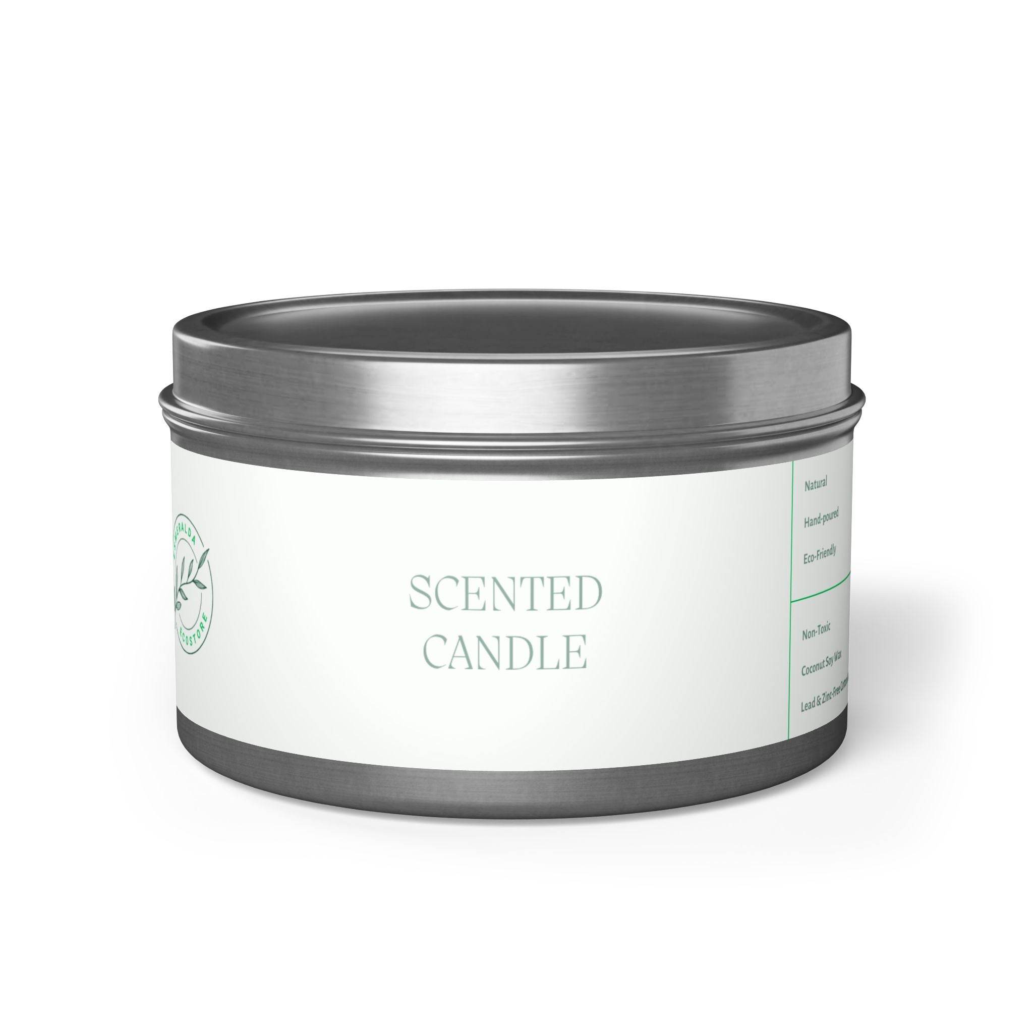 Printify eco-friendly tin candles with simple white label and metal lid scented candle