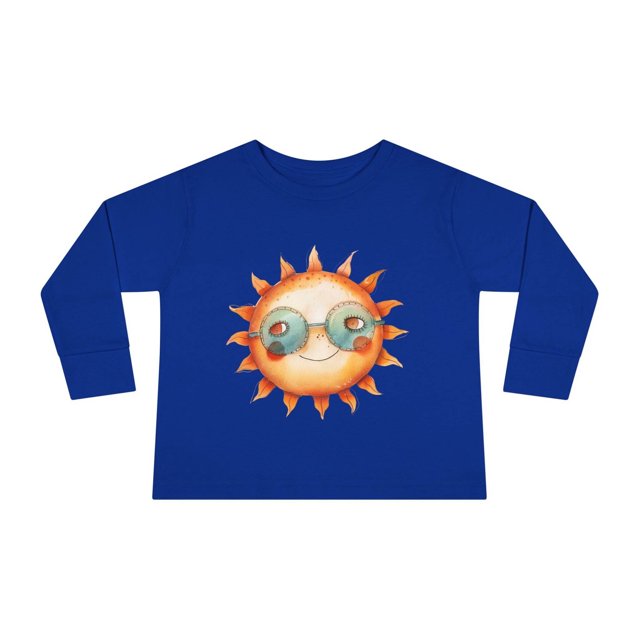Printify eco-friendly toddler long sleeve shirt in blue with a smiling sun wearing sunglasses graphic