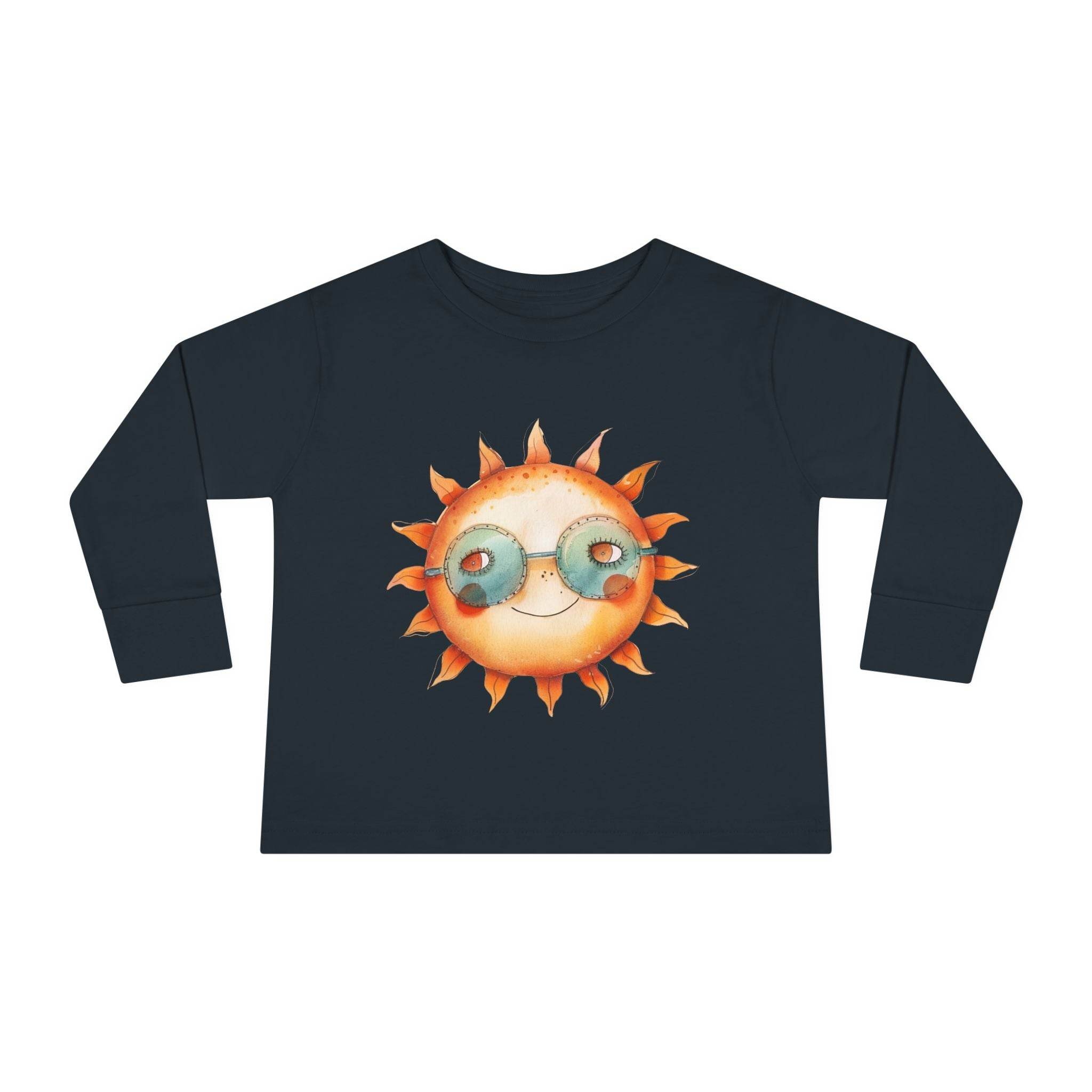 Printify eco-friendly toddler long sleeve shirt in black with cute sun wearing sunglasses graphic