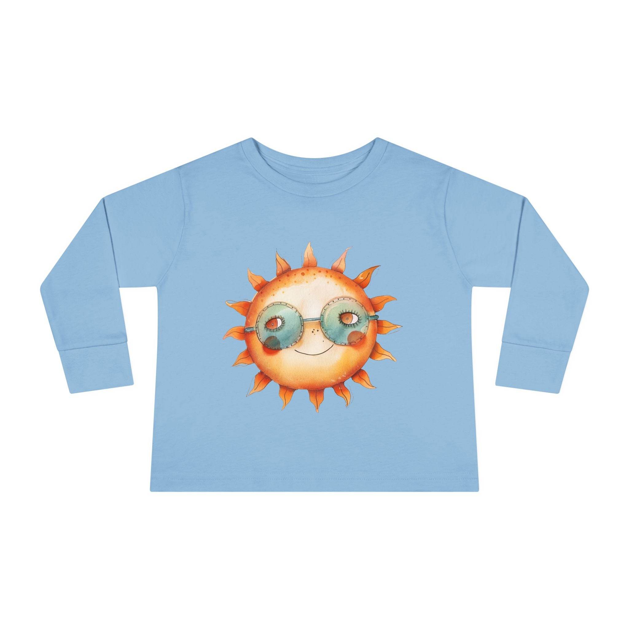 Light blue eco-friendly toddler long sleeve shirt with cute sun wearing sunglasses graphic