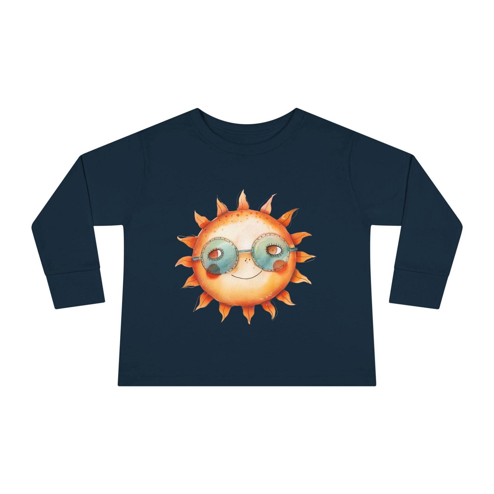Printify navy eco-friendly toddler long sleeve shirt with smiling sun wearing sunglasses graphic