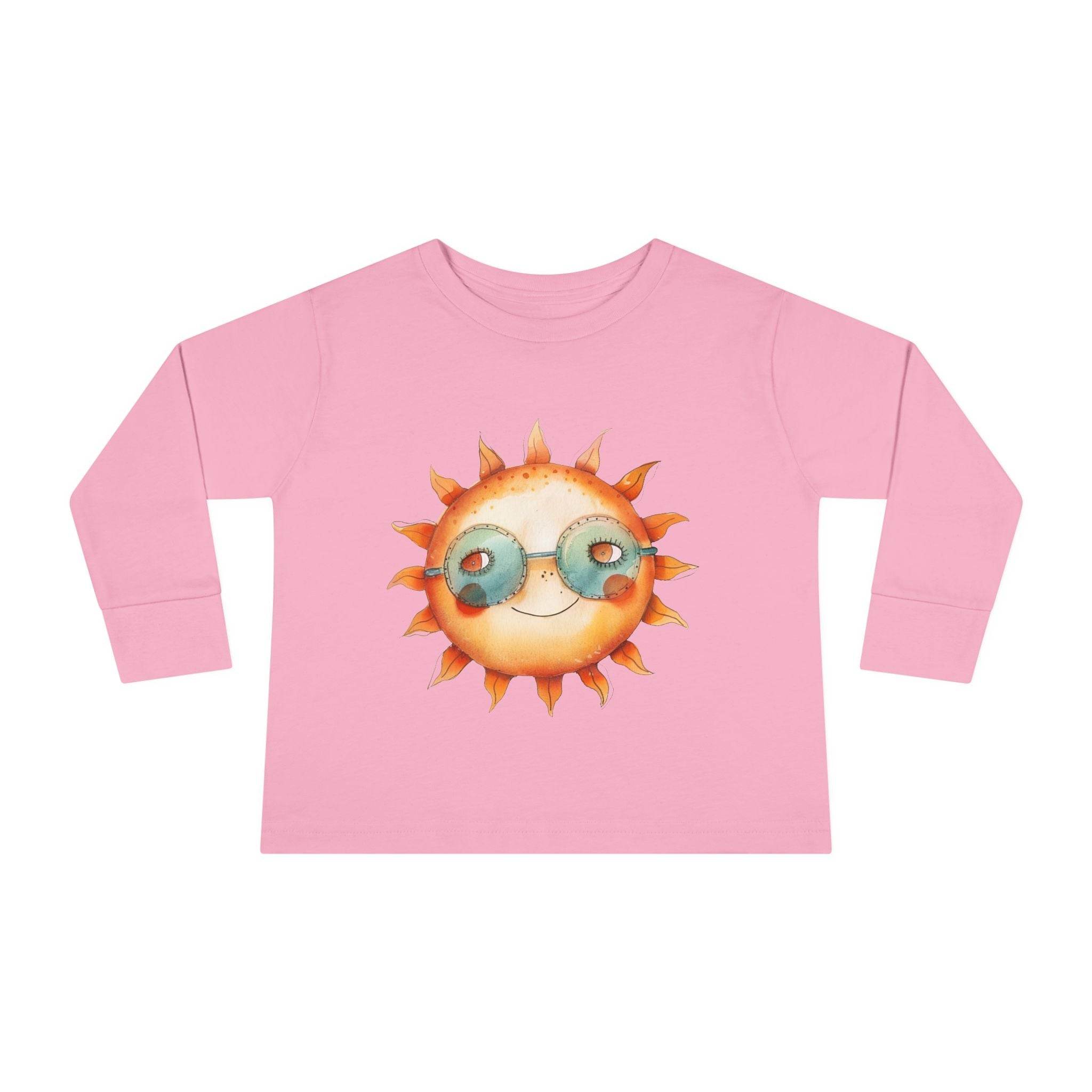 Pink eco-friendly toddler long sleeve shirt with cute sun wearing sunglasses print