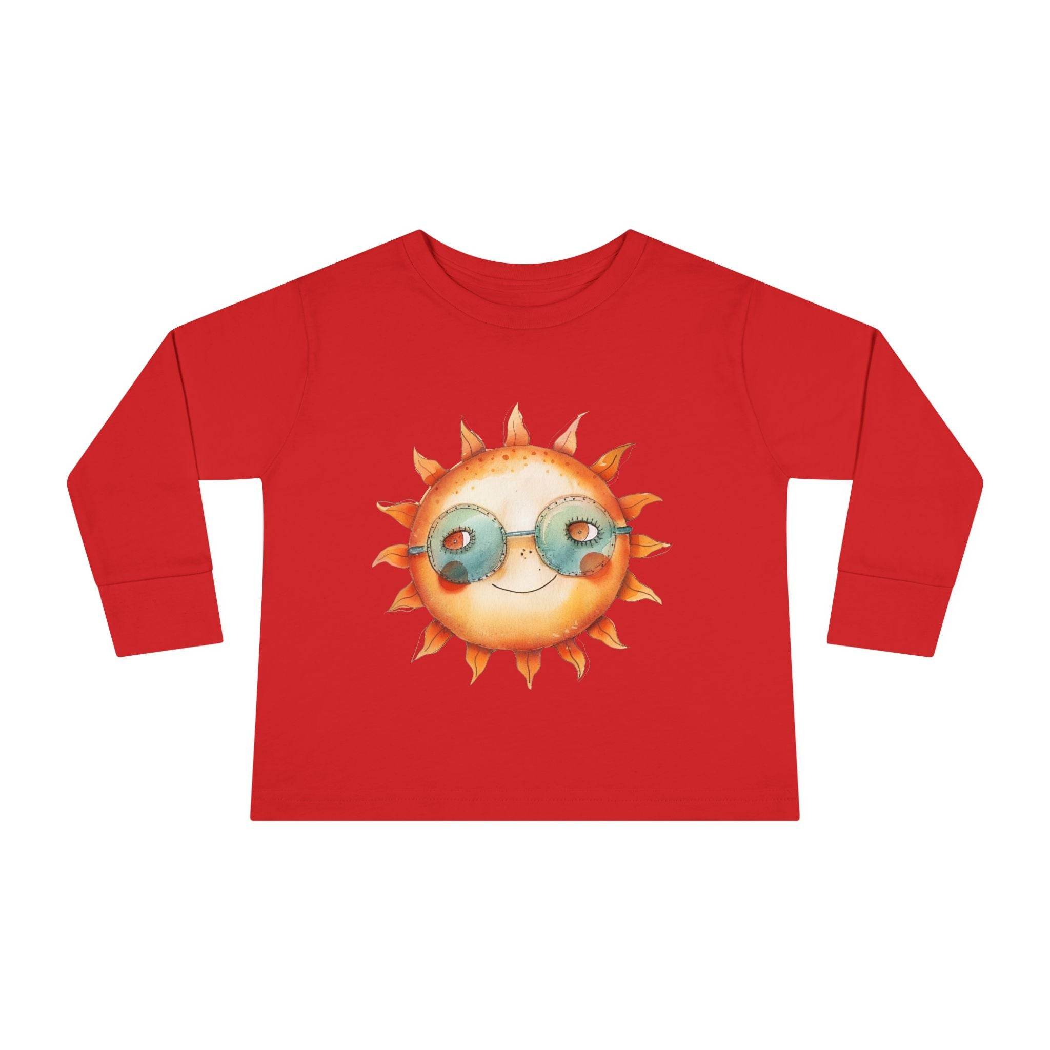Printify eco-friendly toddler long sleeve shirt in red with smiling sun wearing sunglasses graphic