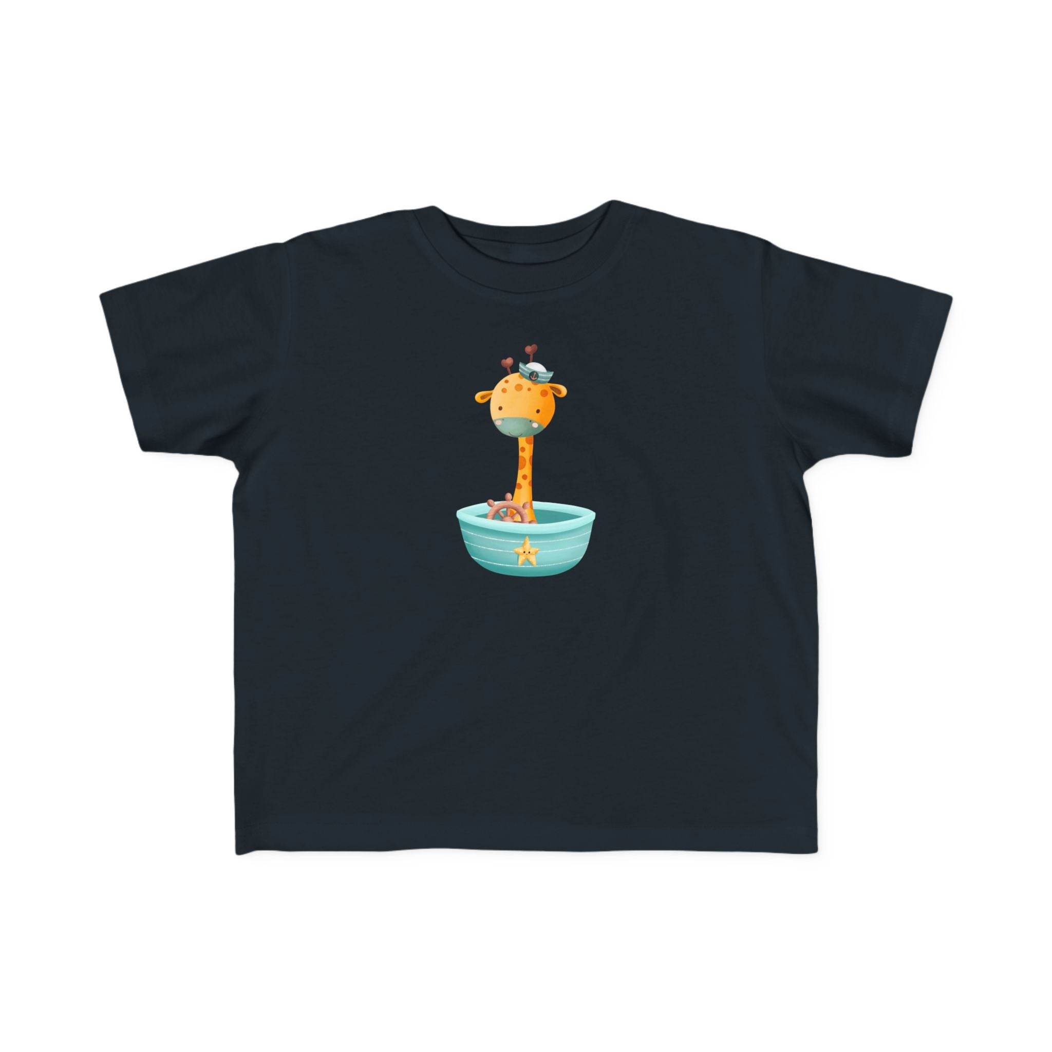 Printify black eco-friendly toddler t-shirt with cute giraffe in a bowl graphic design