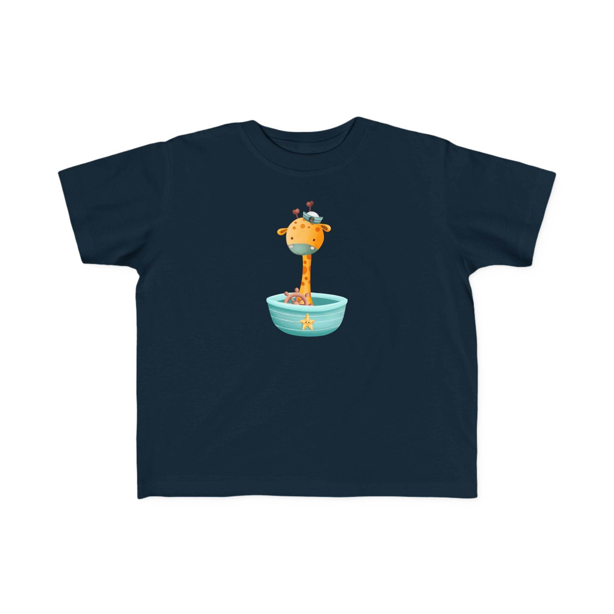 Printify eco-friendly toddler t-shirt in navy blue with cute giraffe and birds graphic