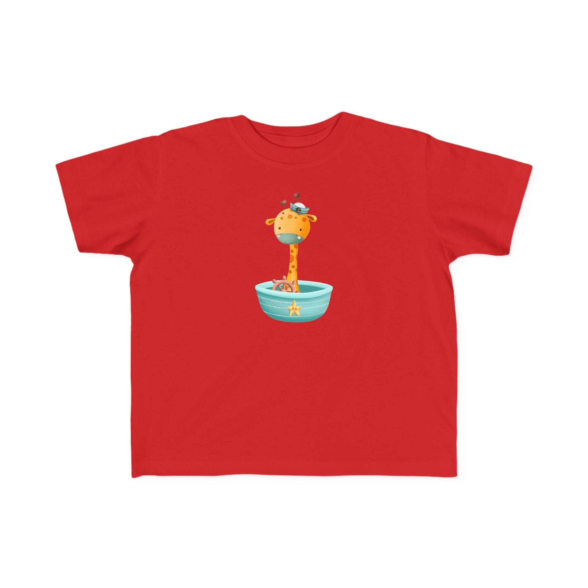 Printify red eco-friendly toddler t-shirt with cute giraffe in a bowl graphic design