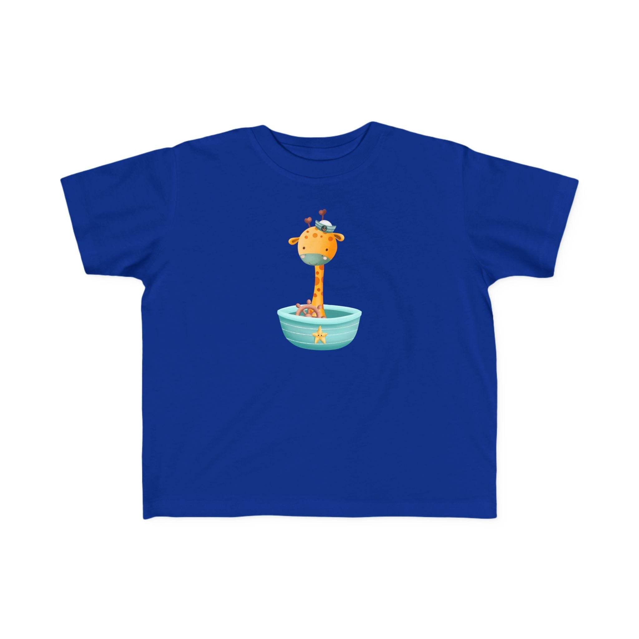 Printify eco-friendly toddler t-shirt in blue with cute giraffe and bird design in a bowl
