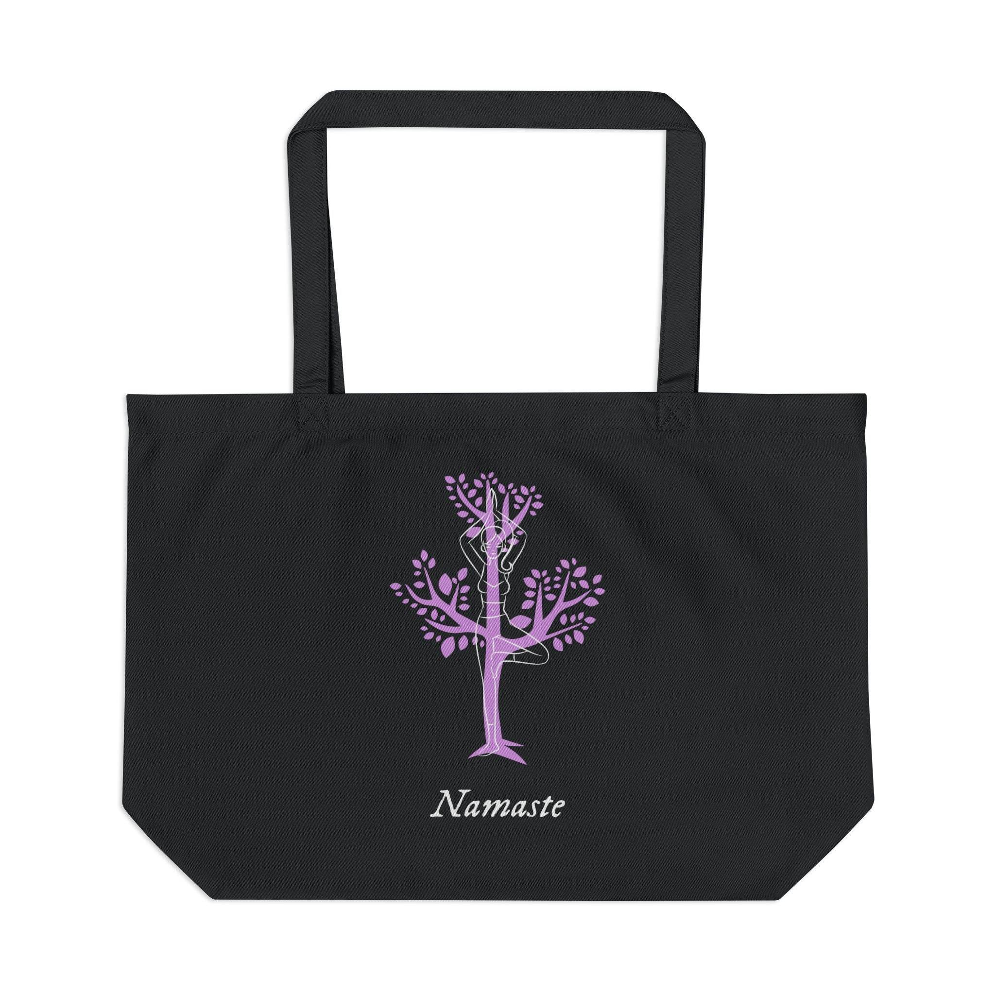 Black eco friendly tote bag with purple tree and yoga pose design by Printify