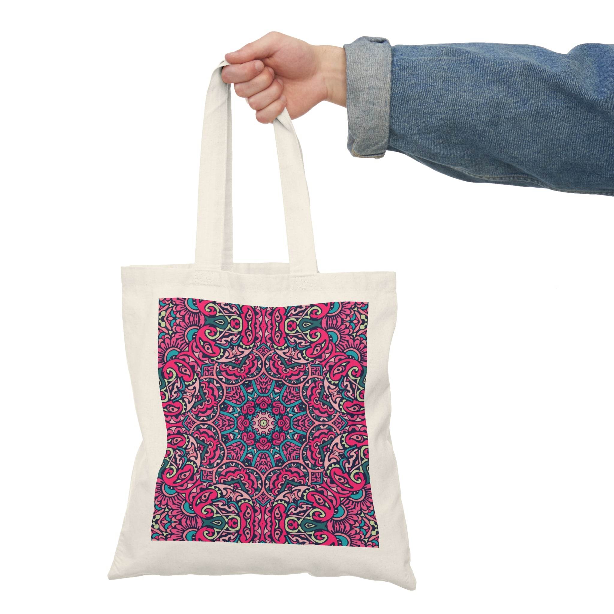 Printify eco-friendly tote bag with colorful intricate mandala design held by person in denim jacket