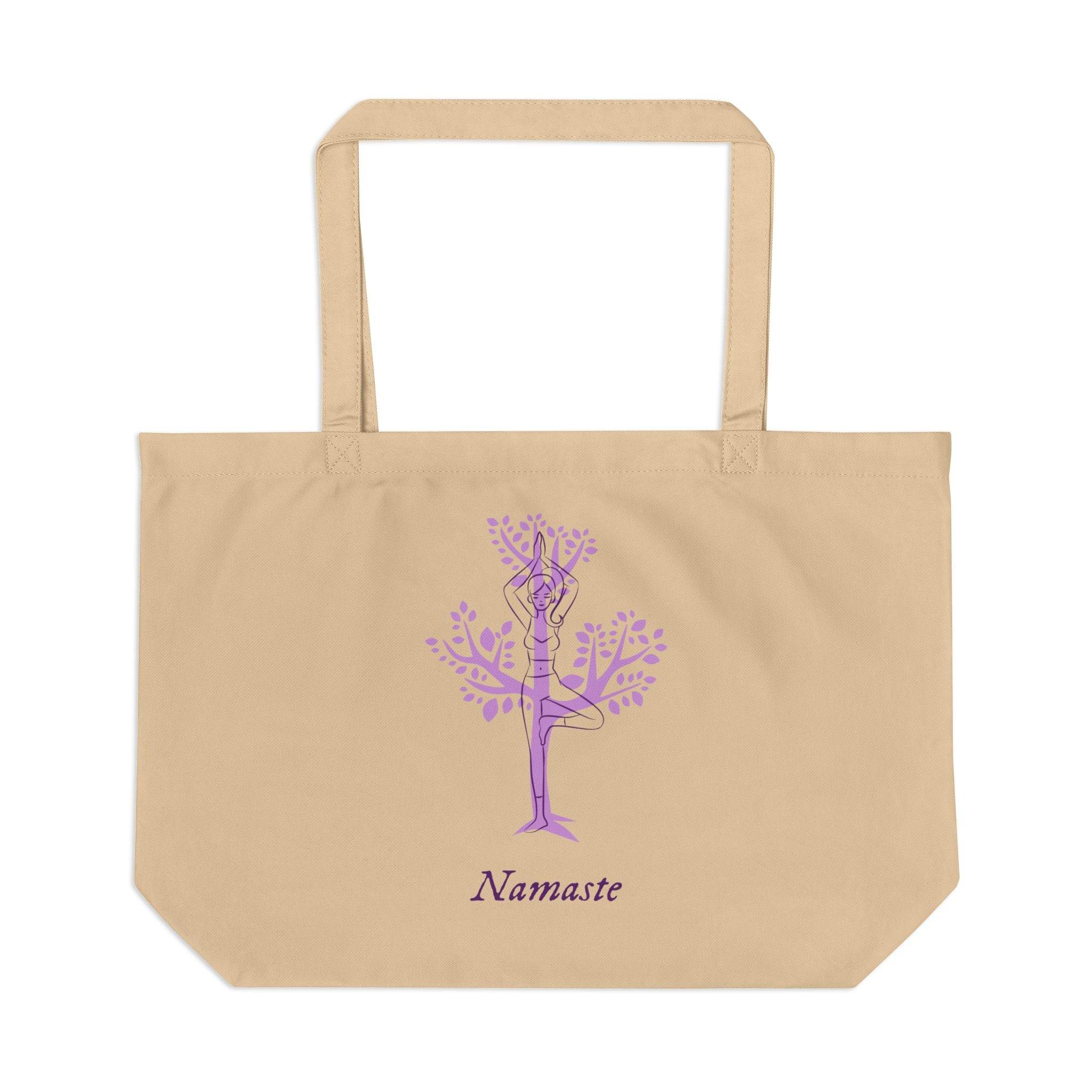 Printify eco friendly tote bag with beige fabric featuring purple yoga tree pose design and Namaste text