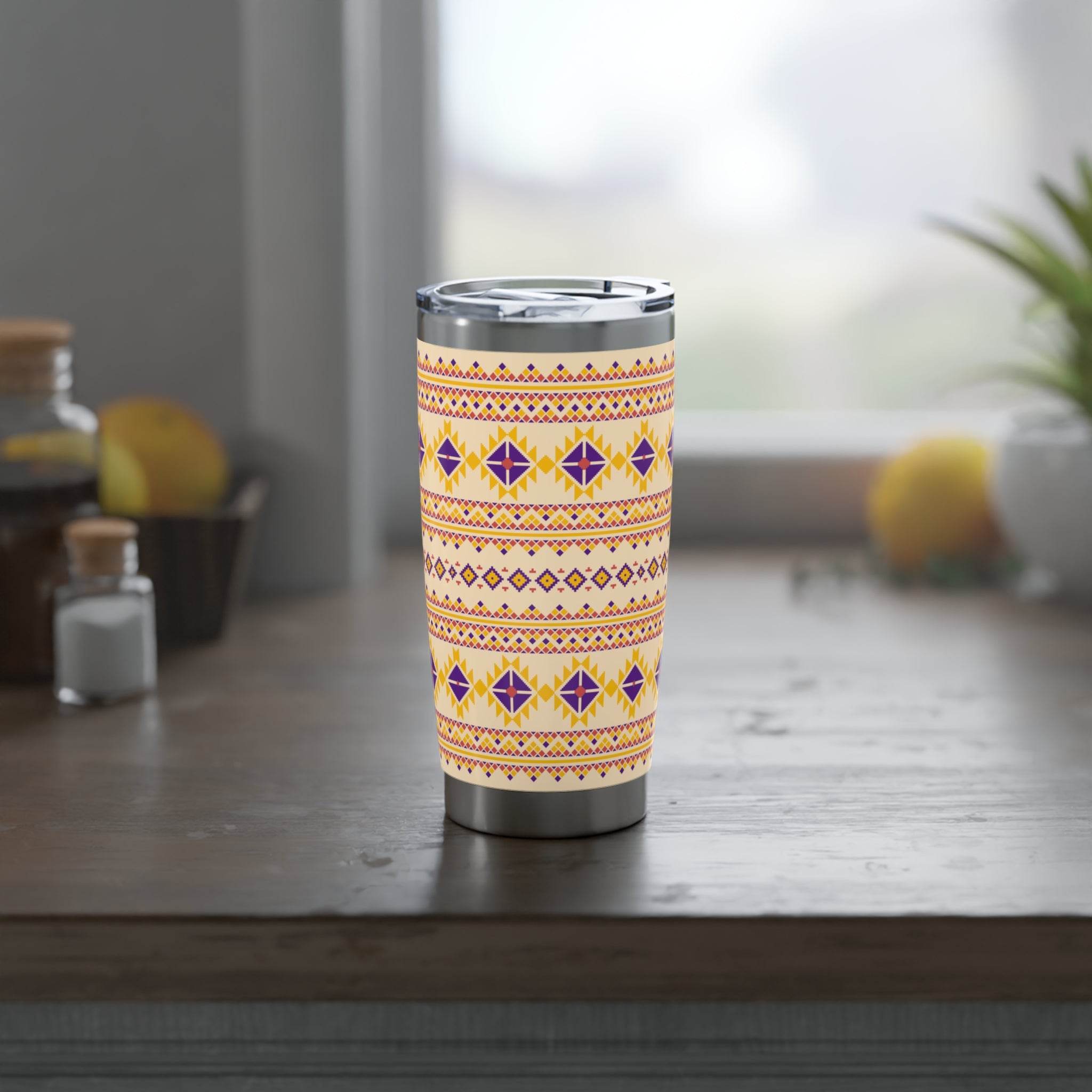 Printify eco-friendly travel tumbler with colorful geometric pattern on kitchen countertop