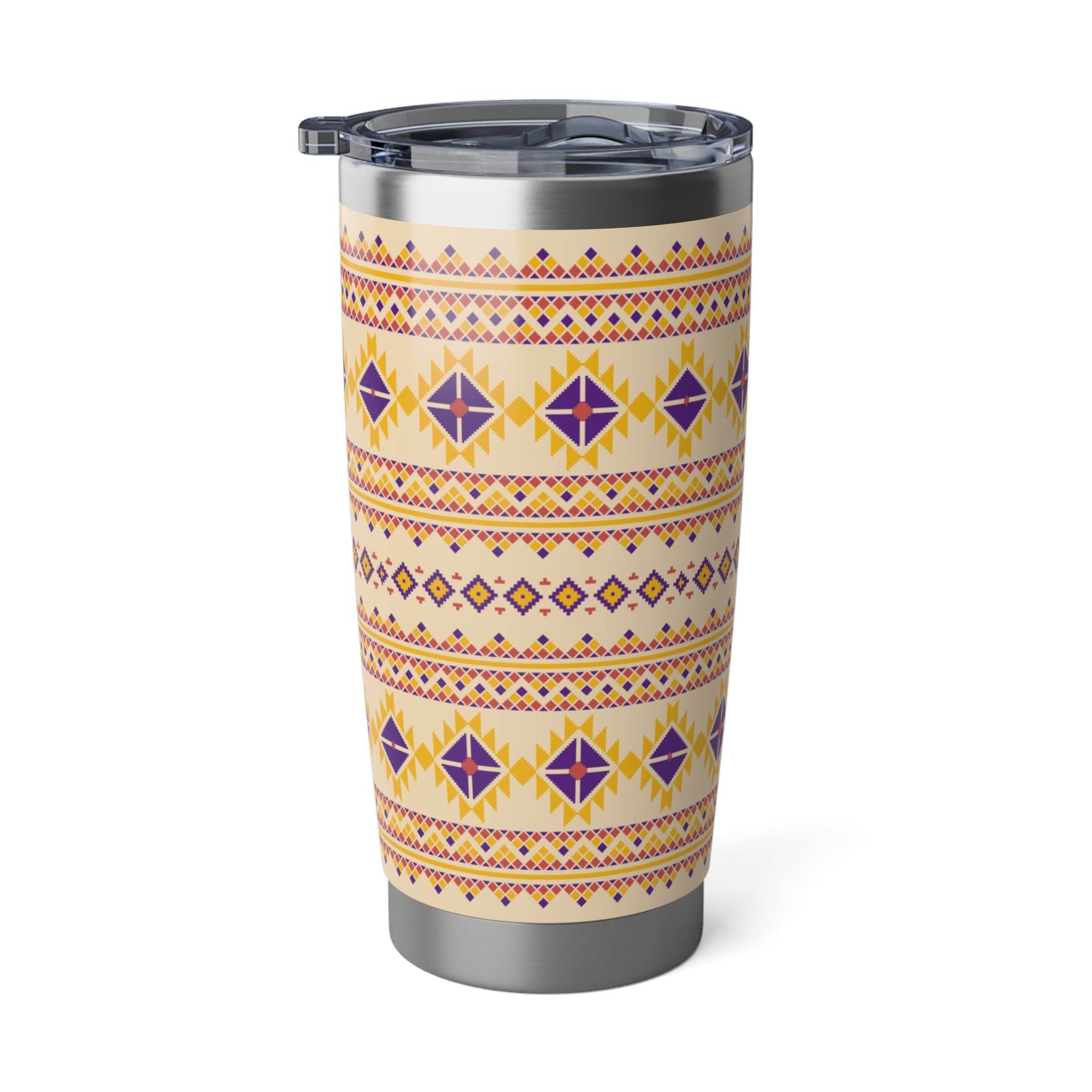 Printify eco-friendly travel tumbler with geometric yellow and purple pattern and clear lid