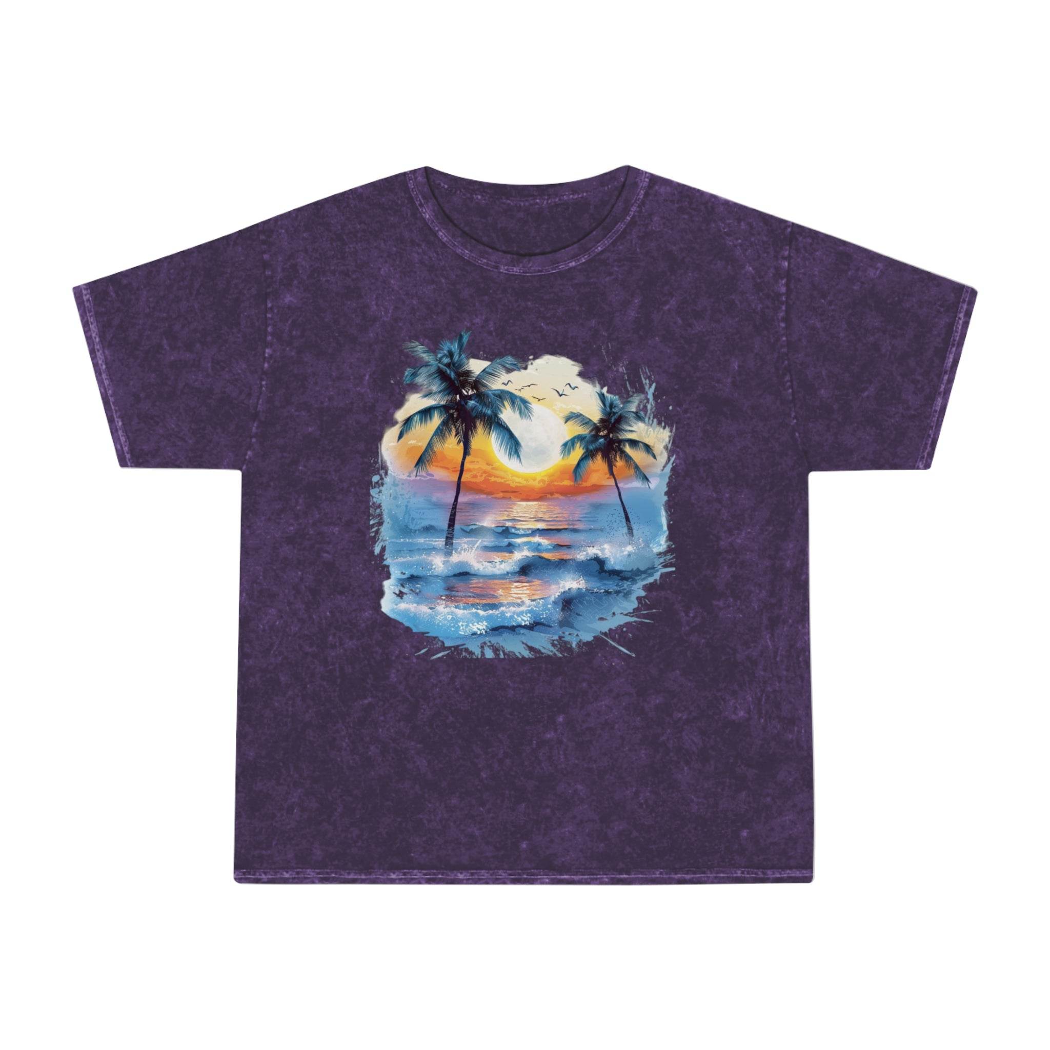Printify eco-friendly tropical t-shirt with purple fabric and sunset beach palm tree design