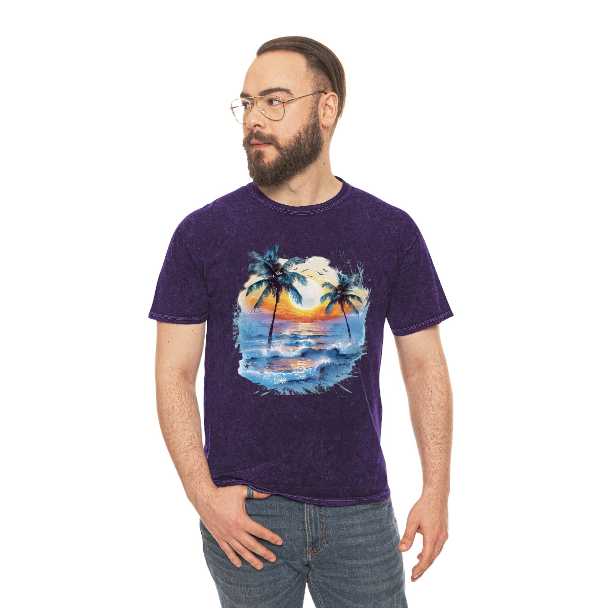 Printify eco-friendly tropical t-shirt in purple with palm tree and sunset beach design worn by man