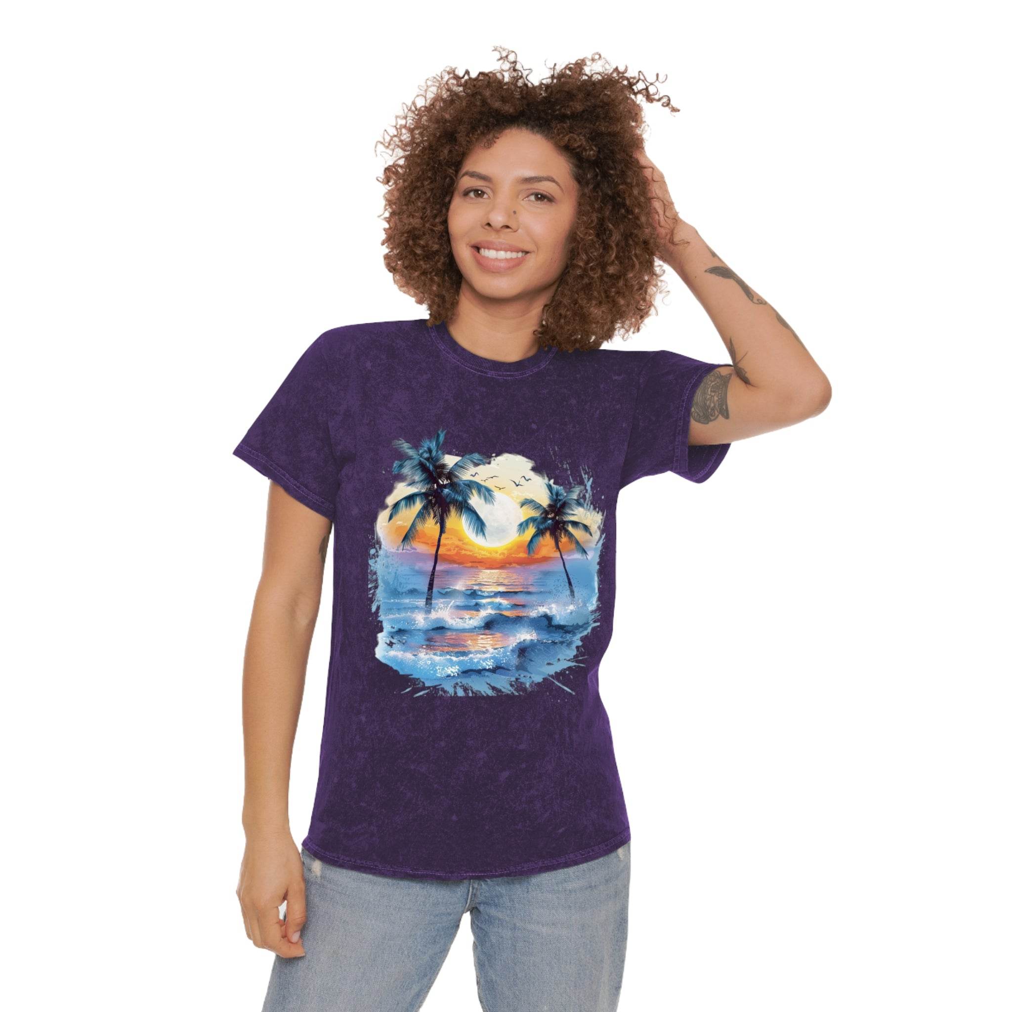 Printify eco-friendly tropical t-shirt with sunset palm tree design worn by smiling woman