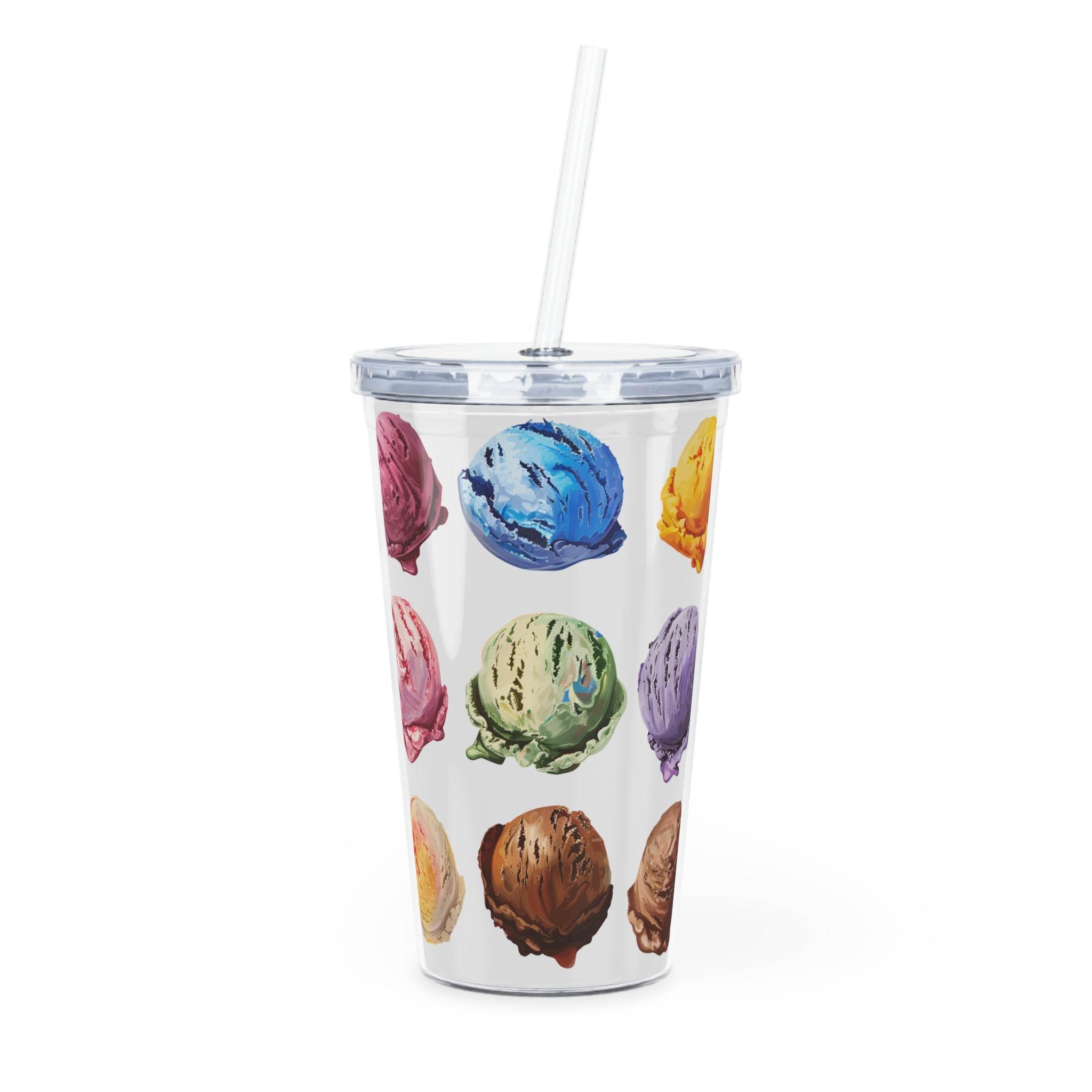 Printify eco-friendly tumbler with straw featuring colorful ice cream scoop designs on a white background