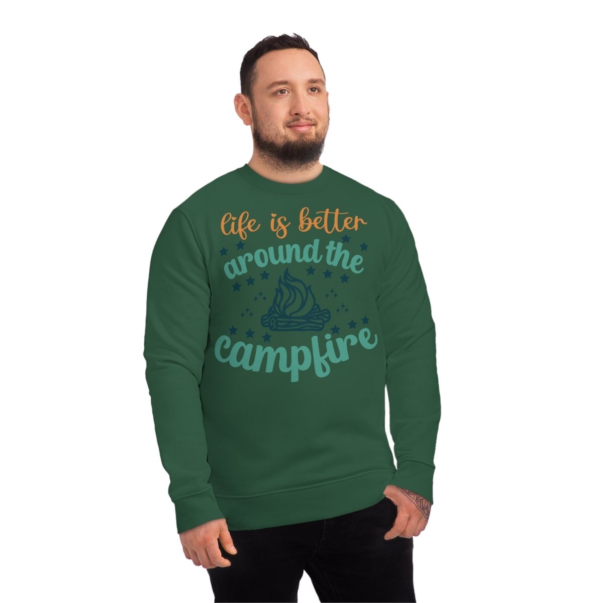 Eco-friendly campfire sweatshirt in green featuring a fun campfire graphic and inspirational text
