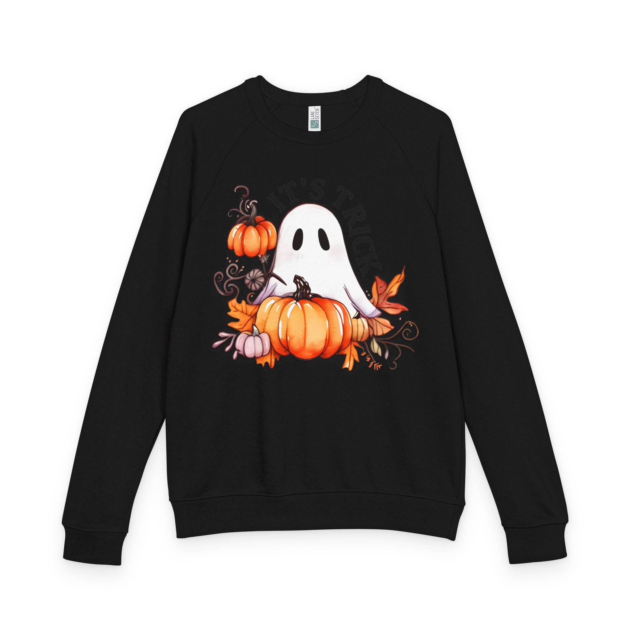 Black eco-friendly unisex crewneck sweatshirt with a ghost and pumpkin Halloween design by Printify