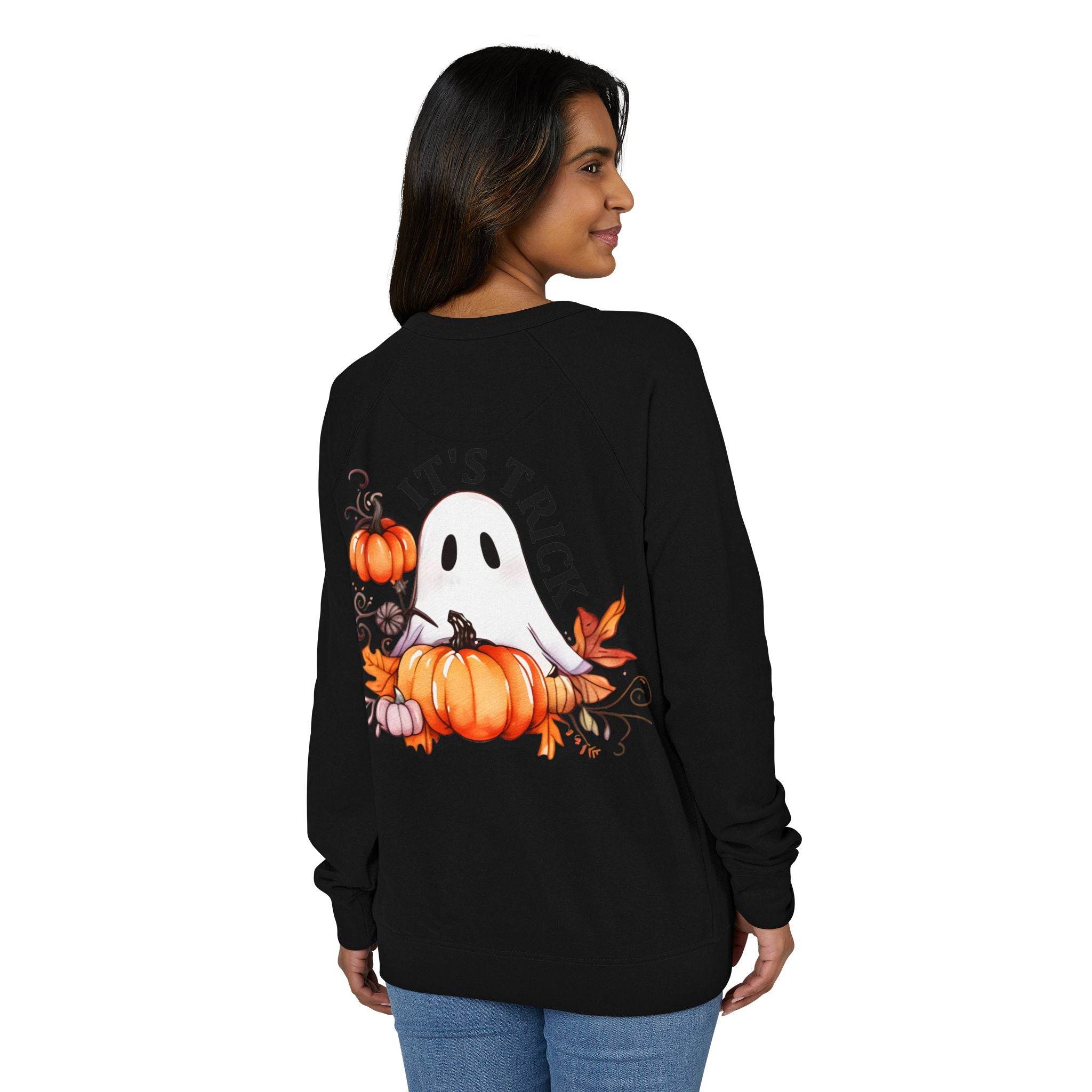Printify eco-friendly unisex crewneck sweatshirt in black with ghost and pumpkin Halloween design on back