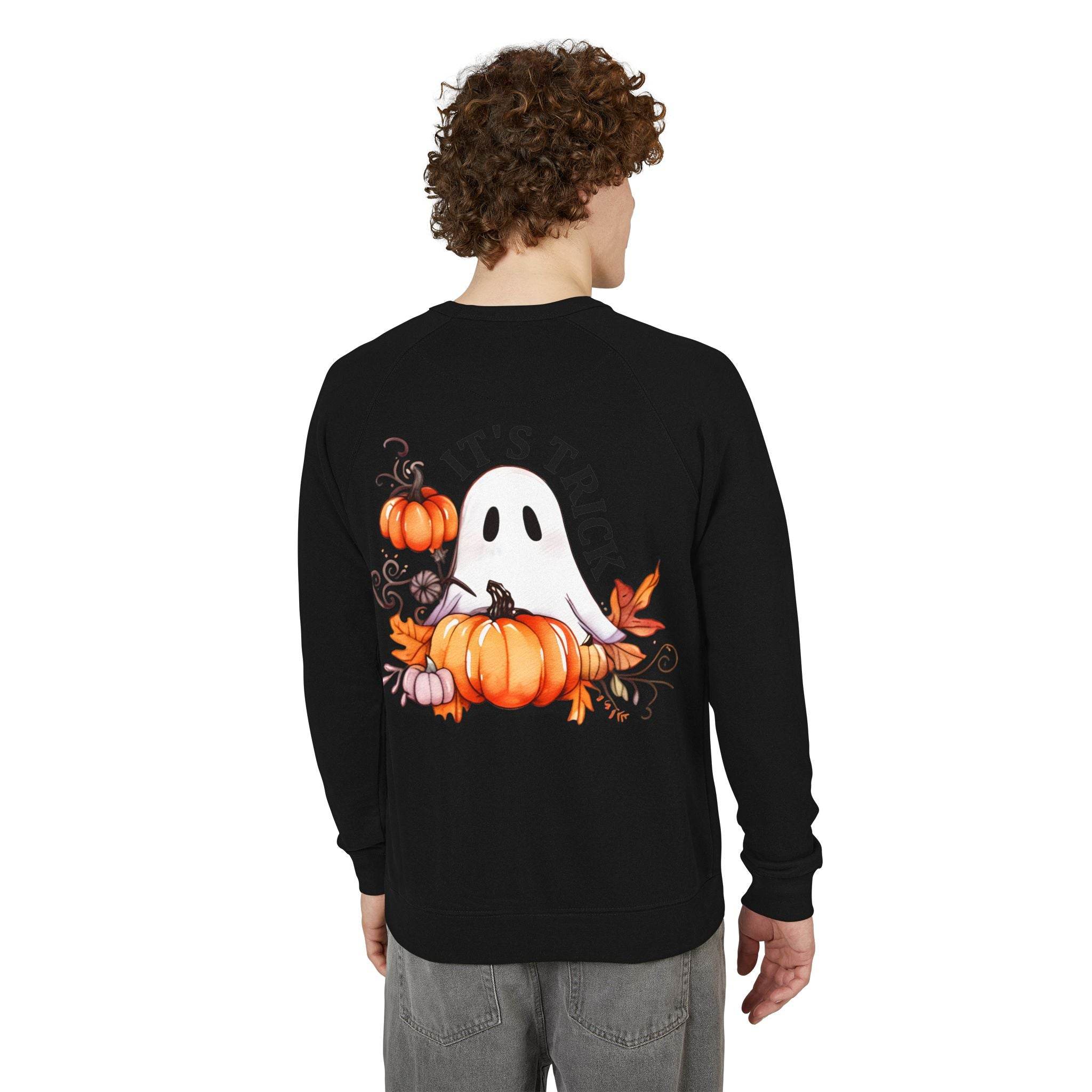 Printify black eco-friendly unisex crewneck sweatshirt with Halloween ghost and pumpkin design on back