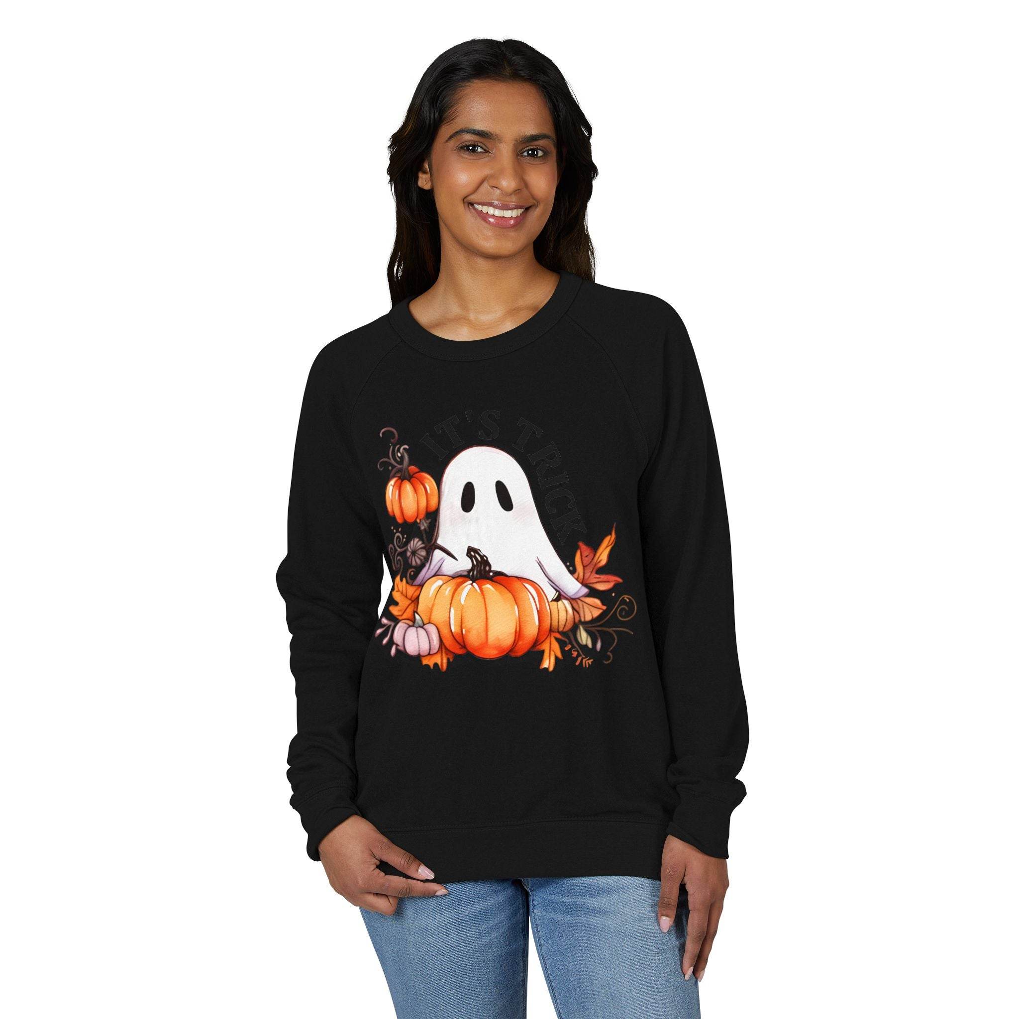 Printify eco-friendly unisex crewneck sweatshirt with Halloween ghost and pumpkin design