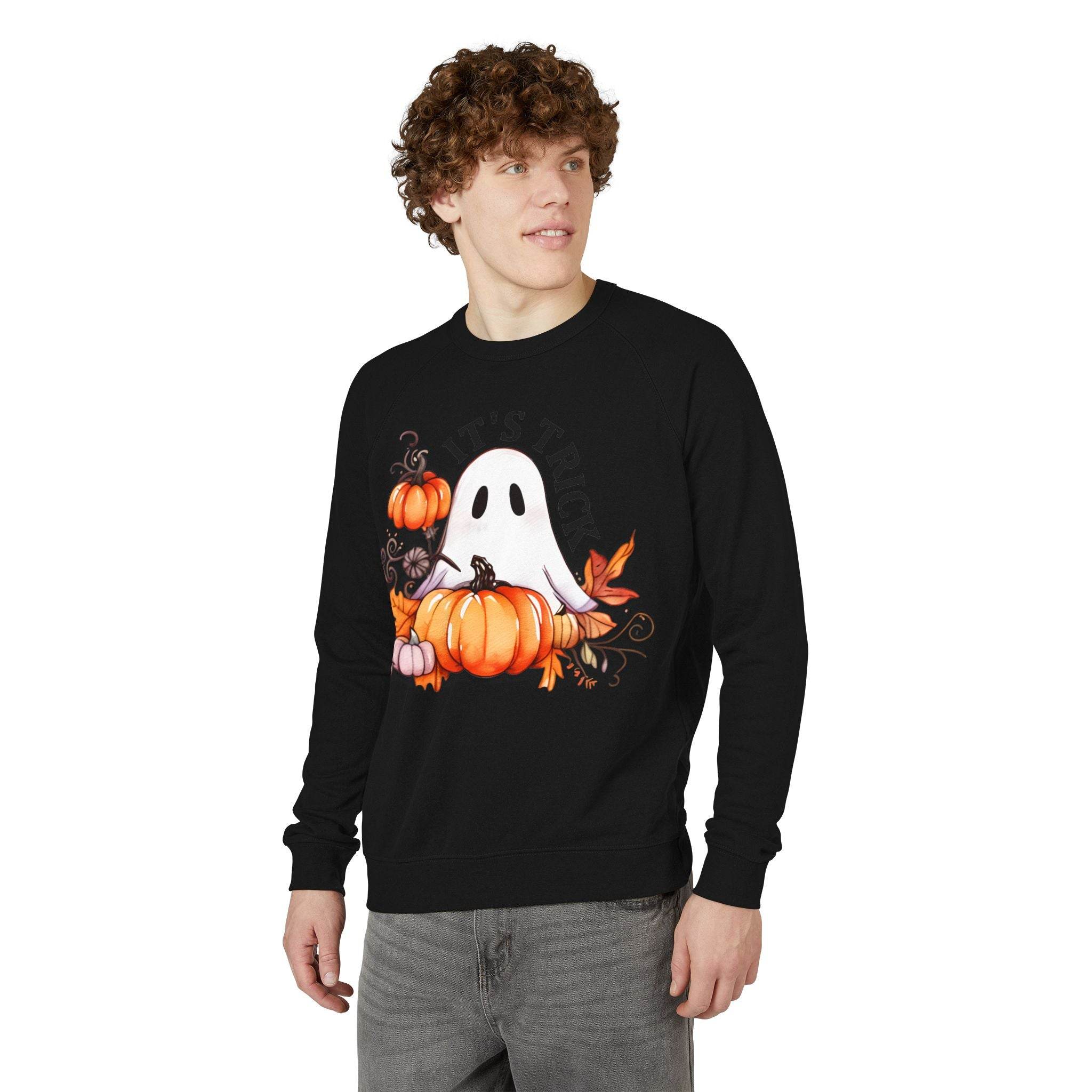 Printify eco-friendly unisex crewneck sweatshirt in black with Halloween ghost and pumpkin design
