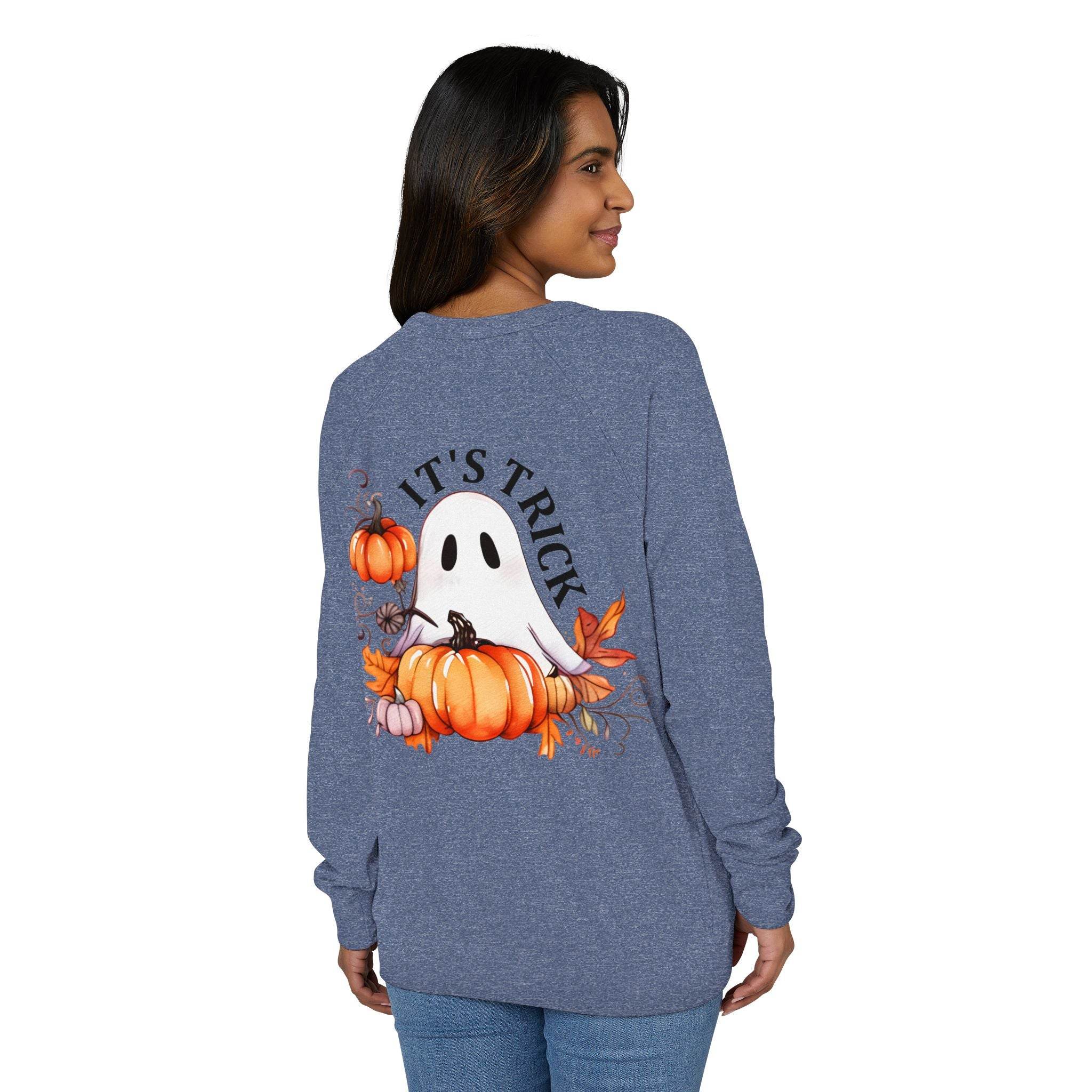Printify eco-friendly unisex crewneck sweatshirt with ghost and pumpkin Halloween design on back
