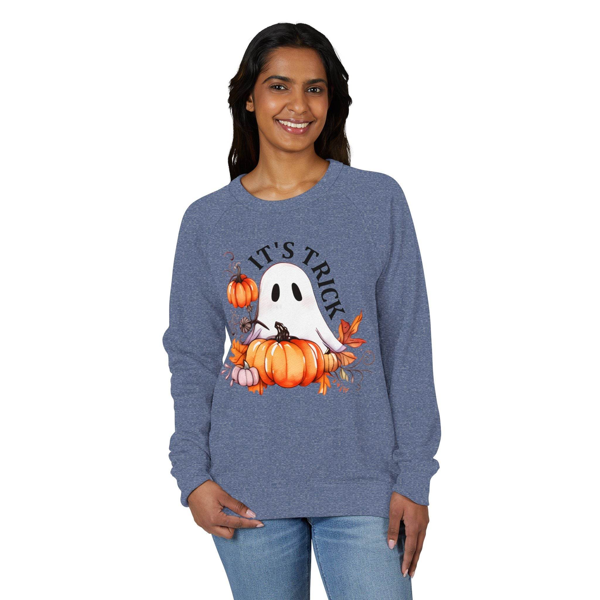 eco-friendly unisex crewneck sweatshirt in blue with Halloween ghost and pumpkins design