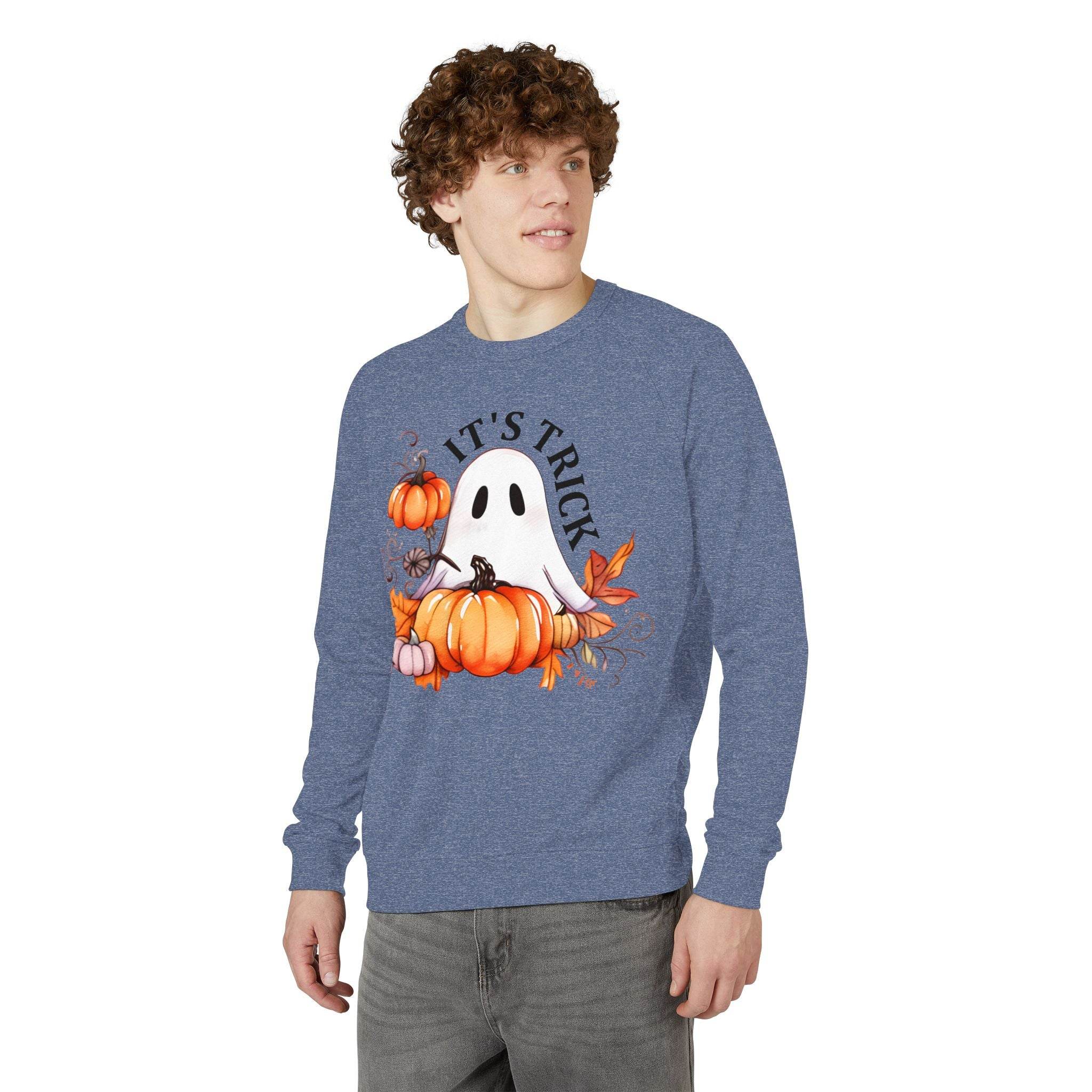 eco-friendly unisex crewneck sweatshirt with Halloween ghost and pumpkin design