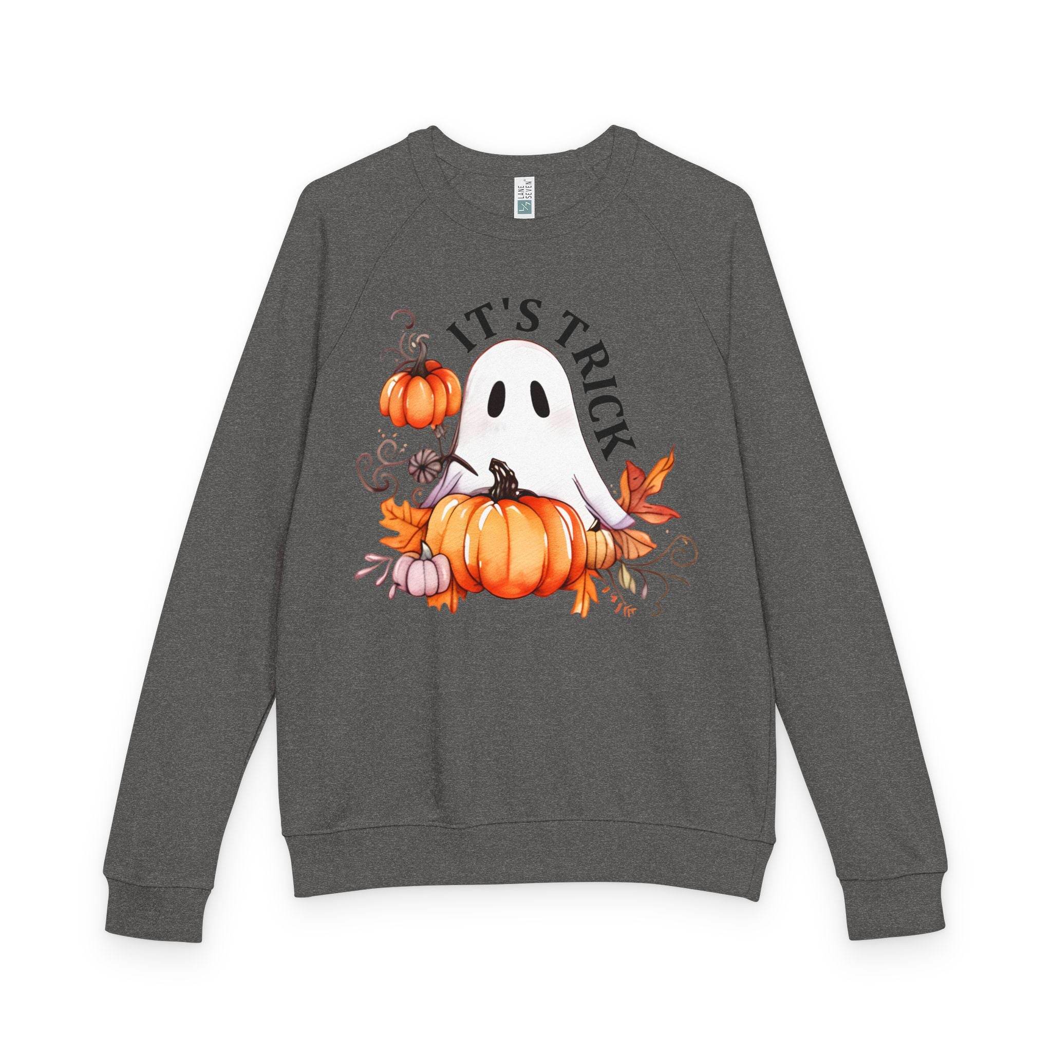 Eco-friendly unisex crewneck sweatshirt with Halloween ghost and pumpkin design