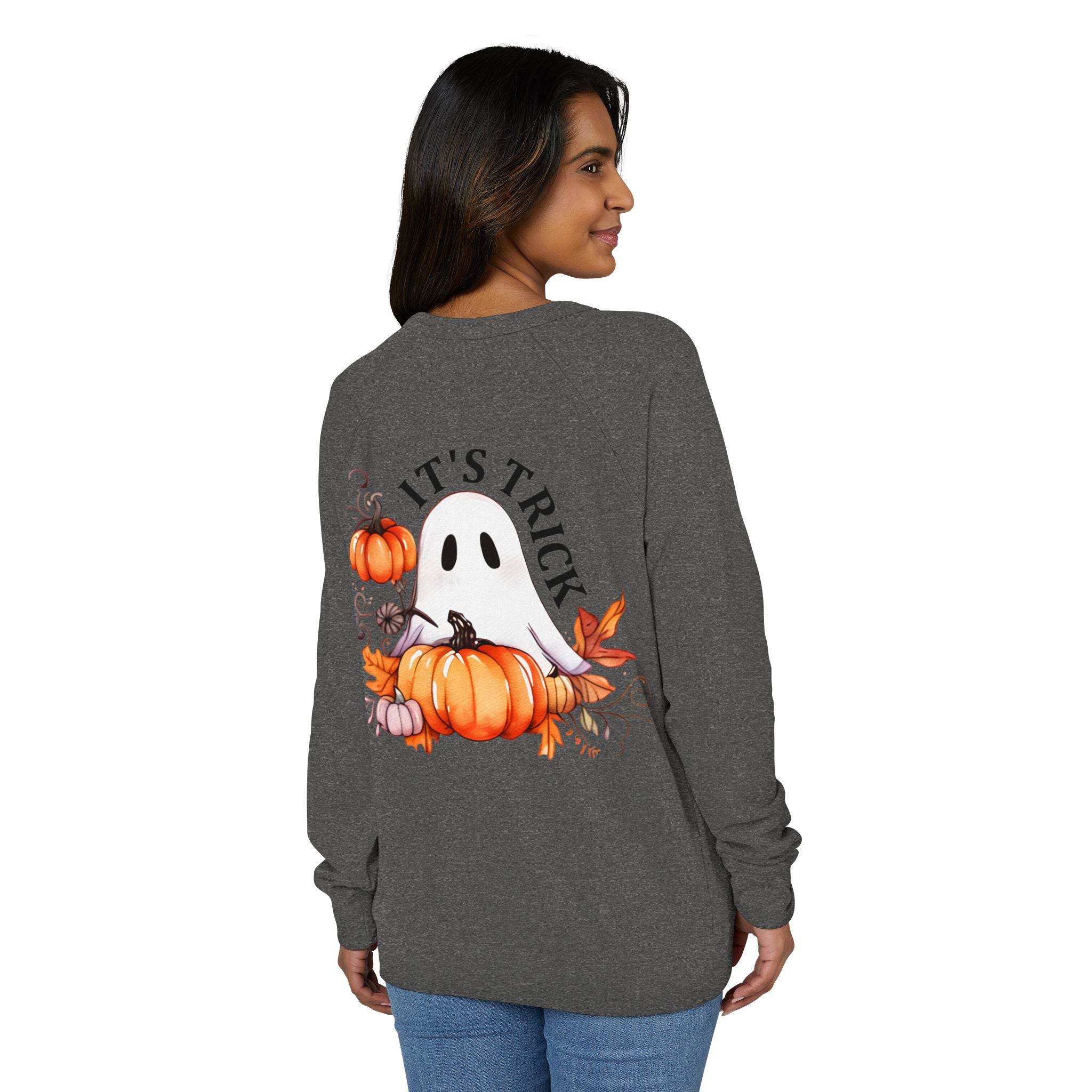 eco-friendly unisex crewneck sweatshirt with Halloween ghost and pumpkin design on back