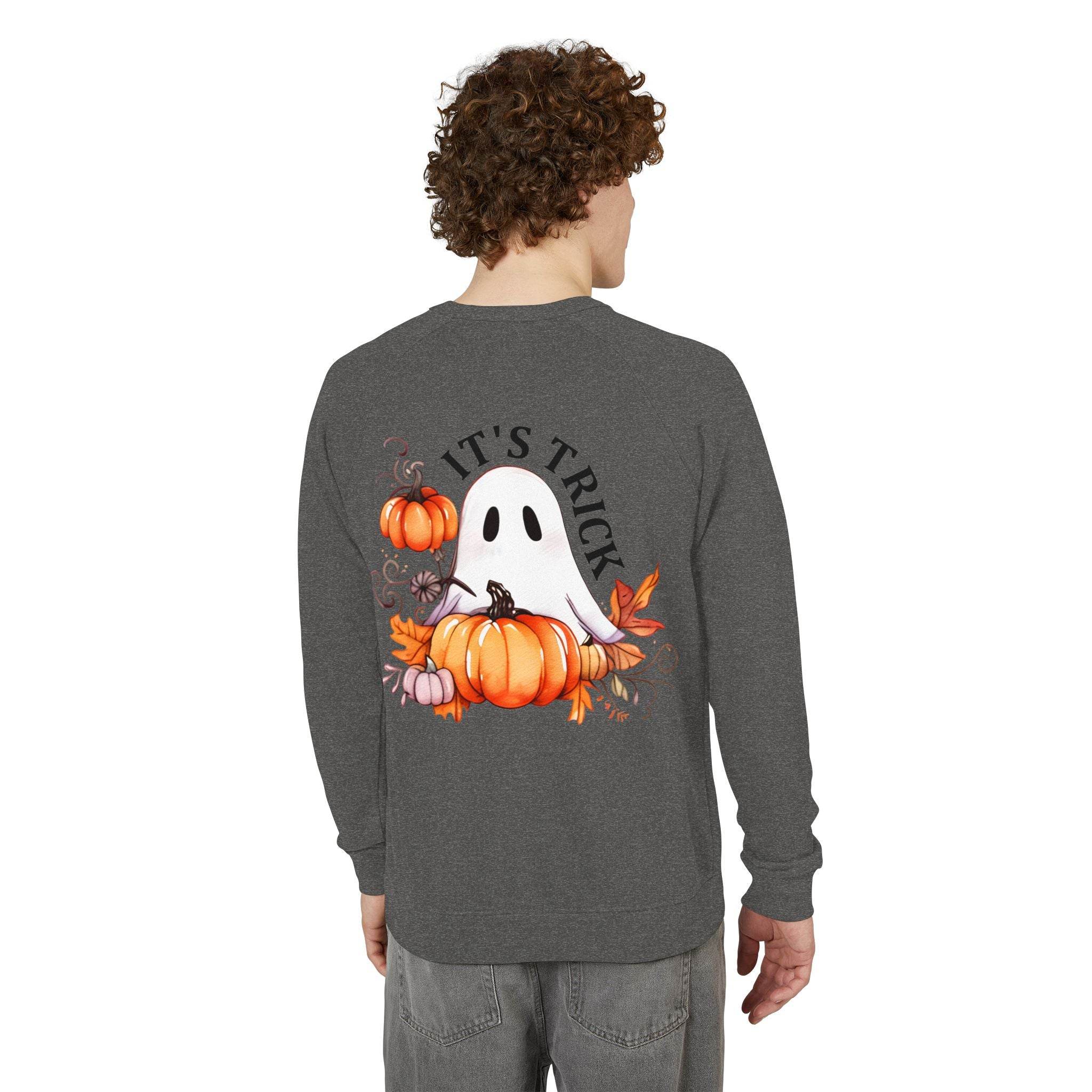 Printify eco-friendly unisex crewneck sweatshirt with Halloween ghost and pumpkin design on back
