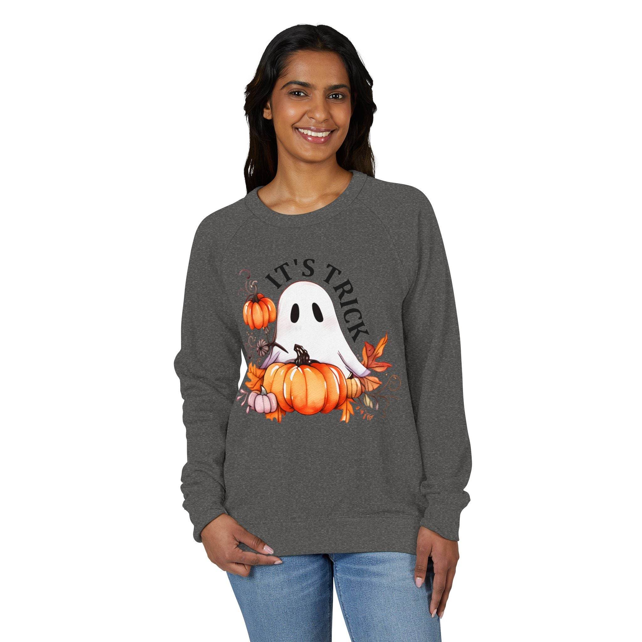 Eco-friendly unisex crewneck sweatshirt with Halloween ghost and pumpkin
