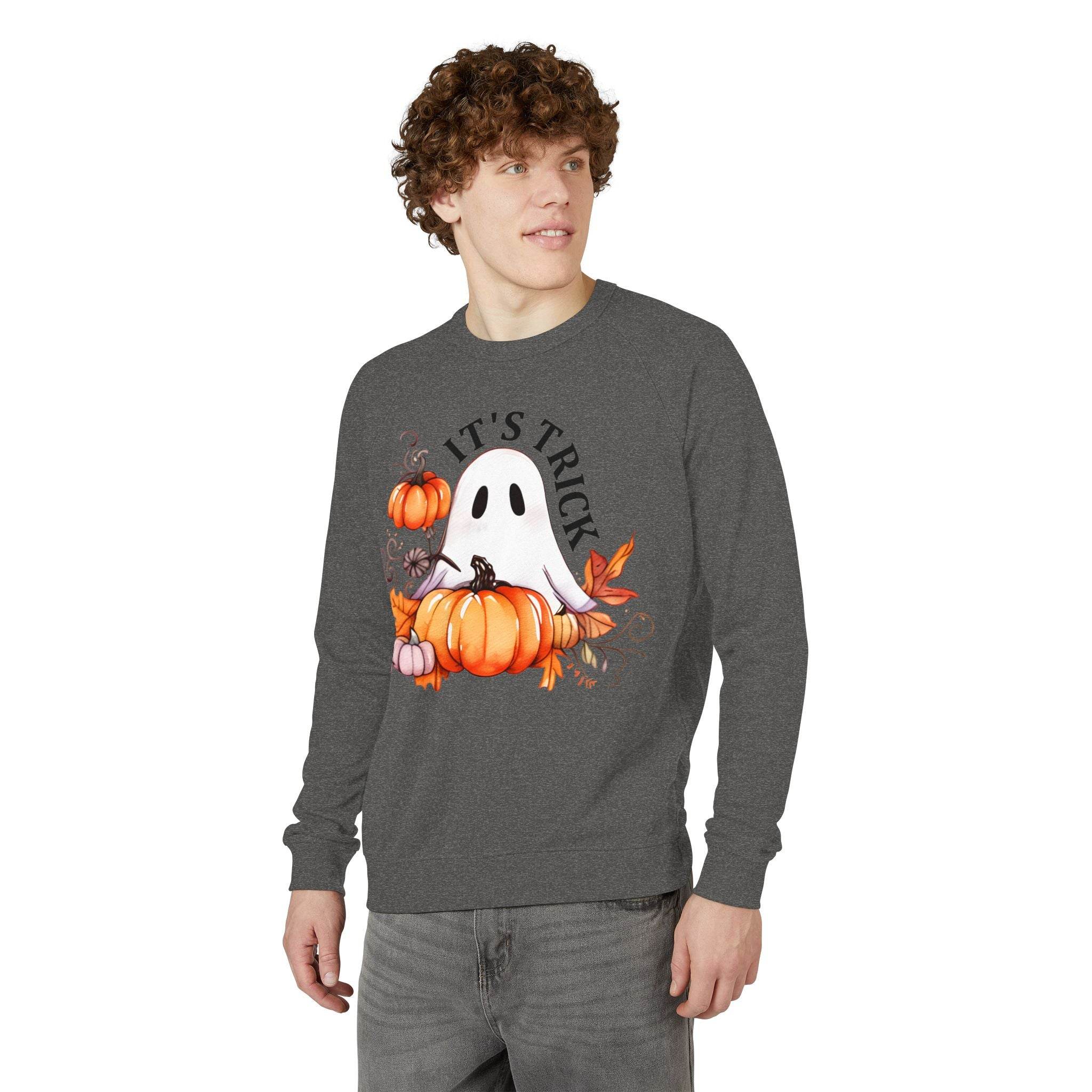 Printify eco-friendly unisex crewneck sweatshirt with Halloween ghost and pumpkins graphic in dark gray