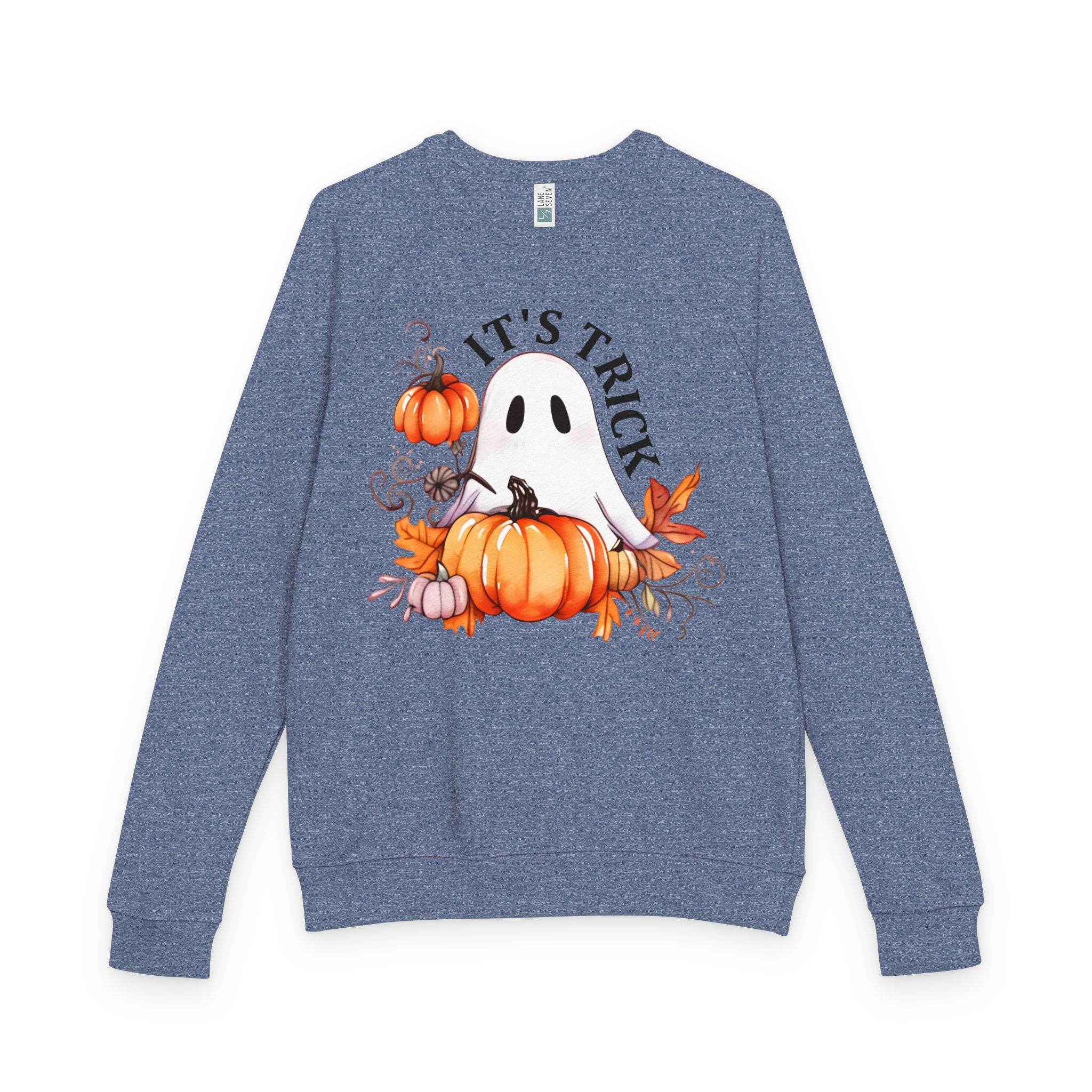 Printify eco-friendly unisex crewneck sweatshirt with Halloween ghost and pumpkin design in blue
