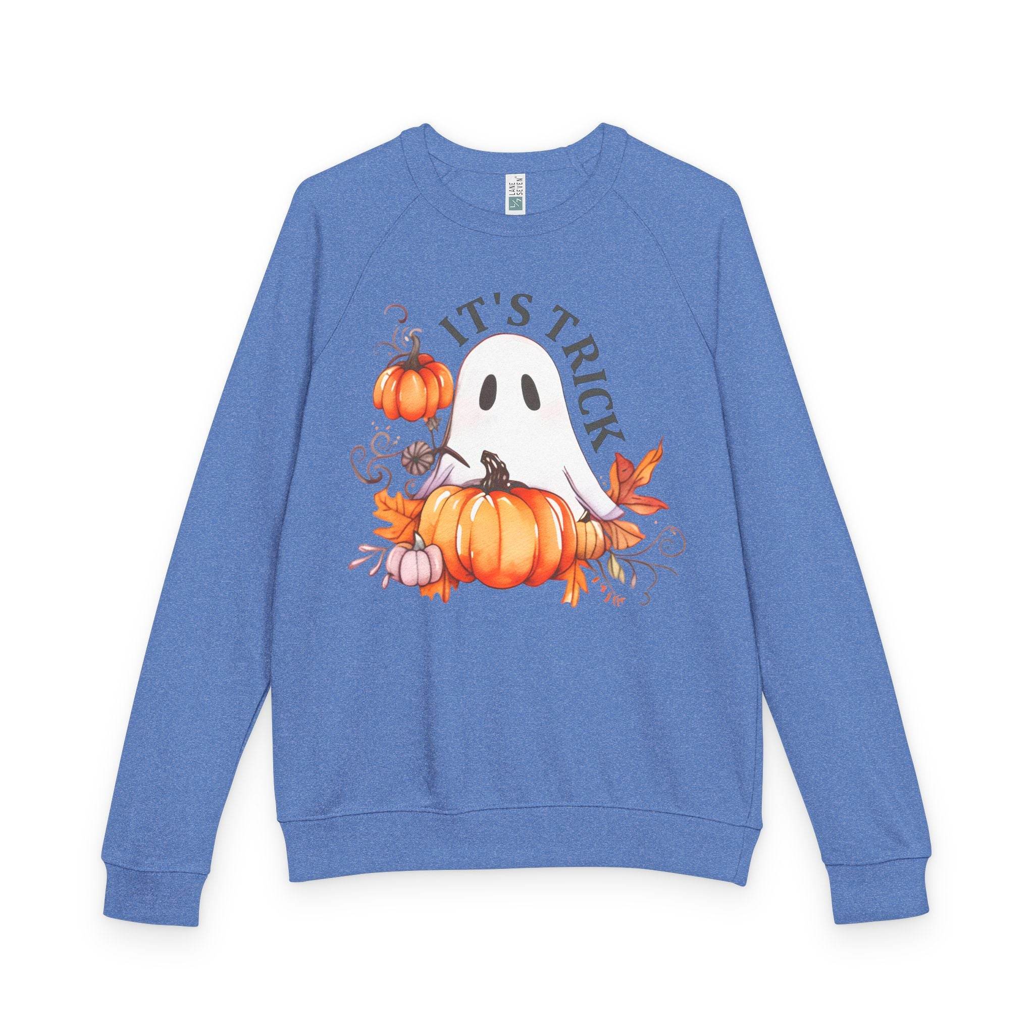 eco-friendly unisex crewneck sweatshirt in blue with Halloween ghost and pumpkin design