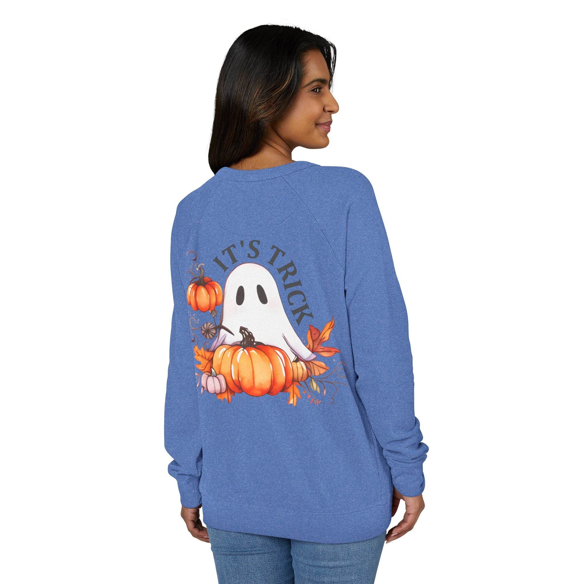 Printify eco-friendly unisex crewneck sweatshirt in blue with Halloween ghost and pumpkin design on back