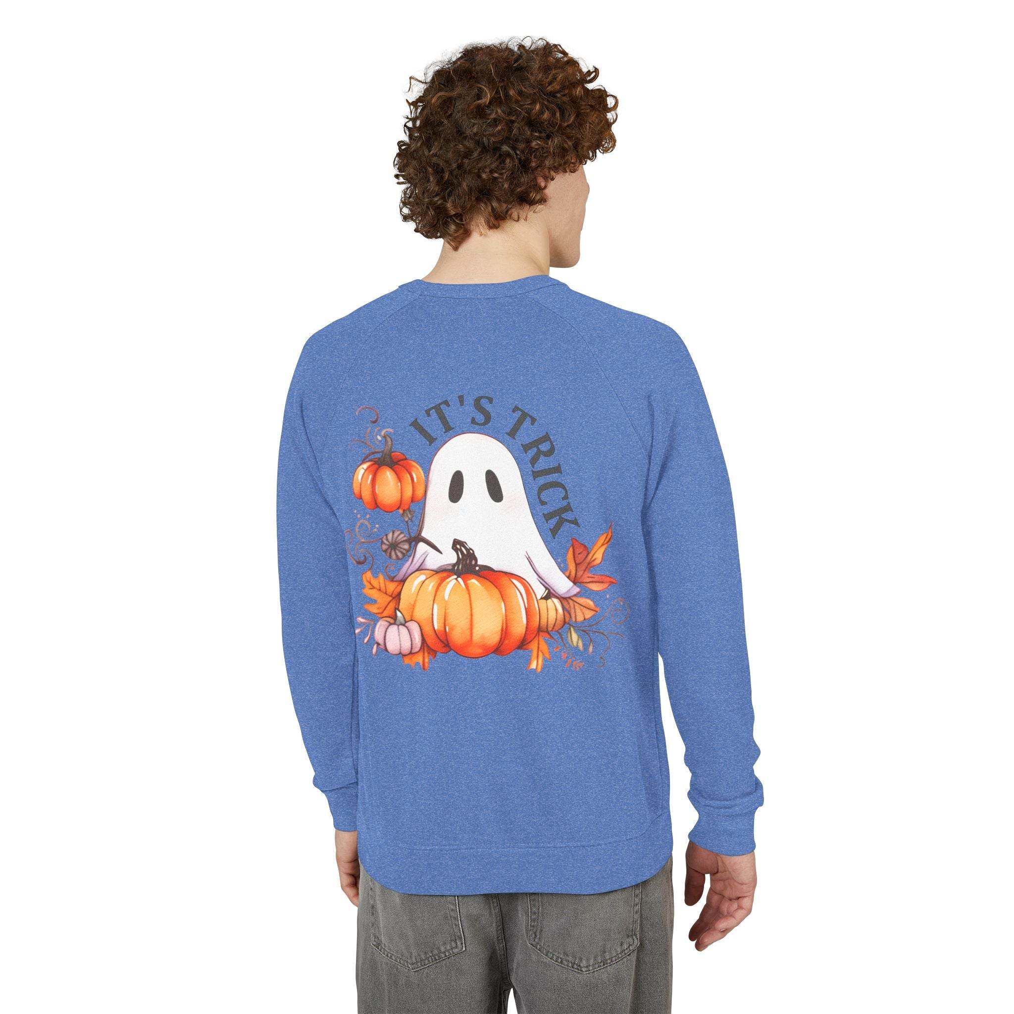 Printify eco-friendly unisex crewneck sweatshirt in blue with Halloween ghost and pumpkins design
