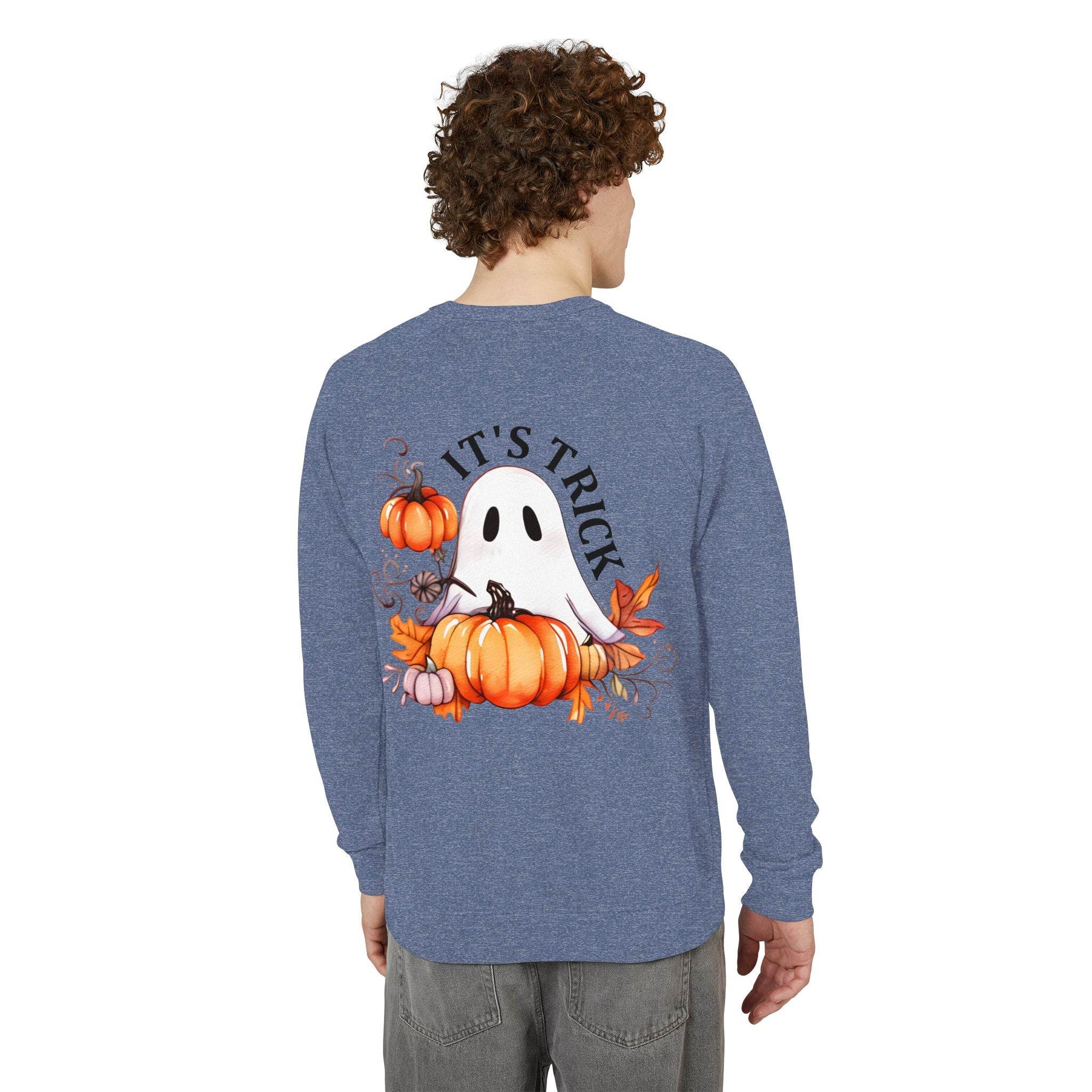 eco-friendly unisex crewneck sweatshirt in blue with Halloween ghost and pumpkin design on back
