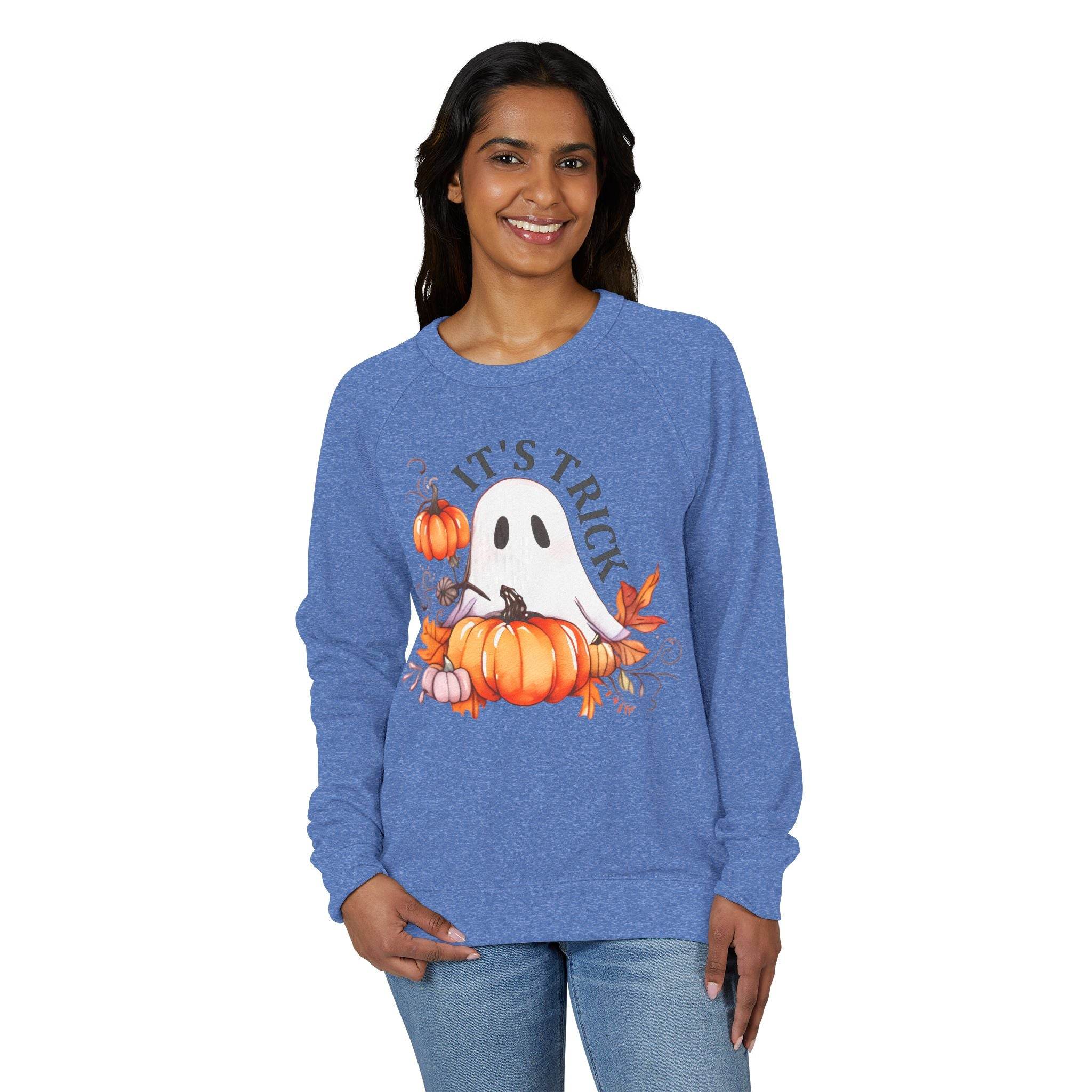Printify eco-friendly unisex crewneck sweatshirt in blue with Halloween ghost and pumpkin design