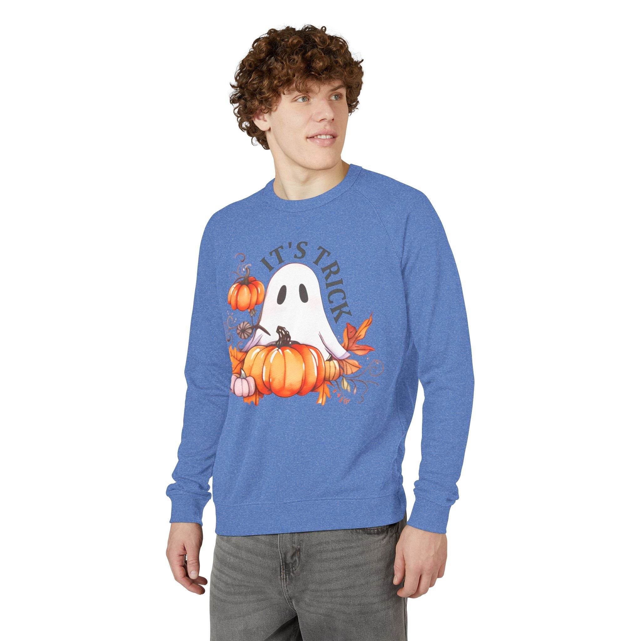 Eco-friendly unisex crewneck sweatshirt in blue with Halloween ghost and pumpkins design