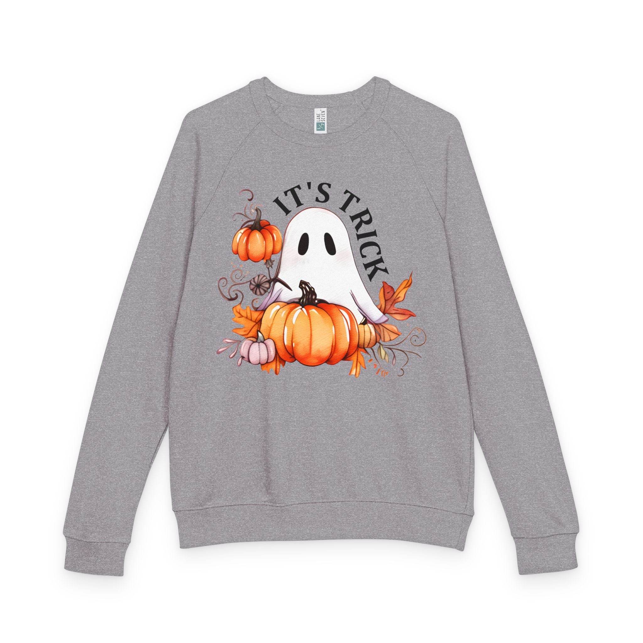 Gray Printify eco-friendly unisex crewneck sweatshirt with Halloween ghost and pumpkins design