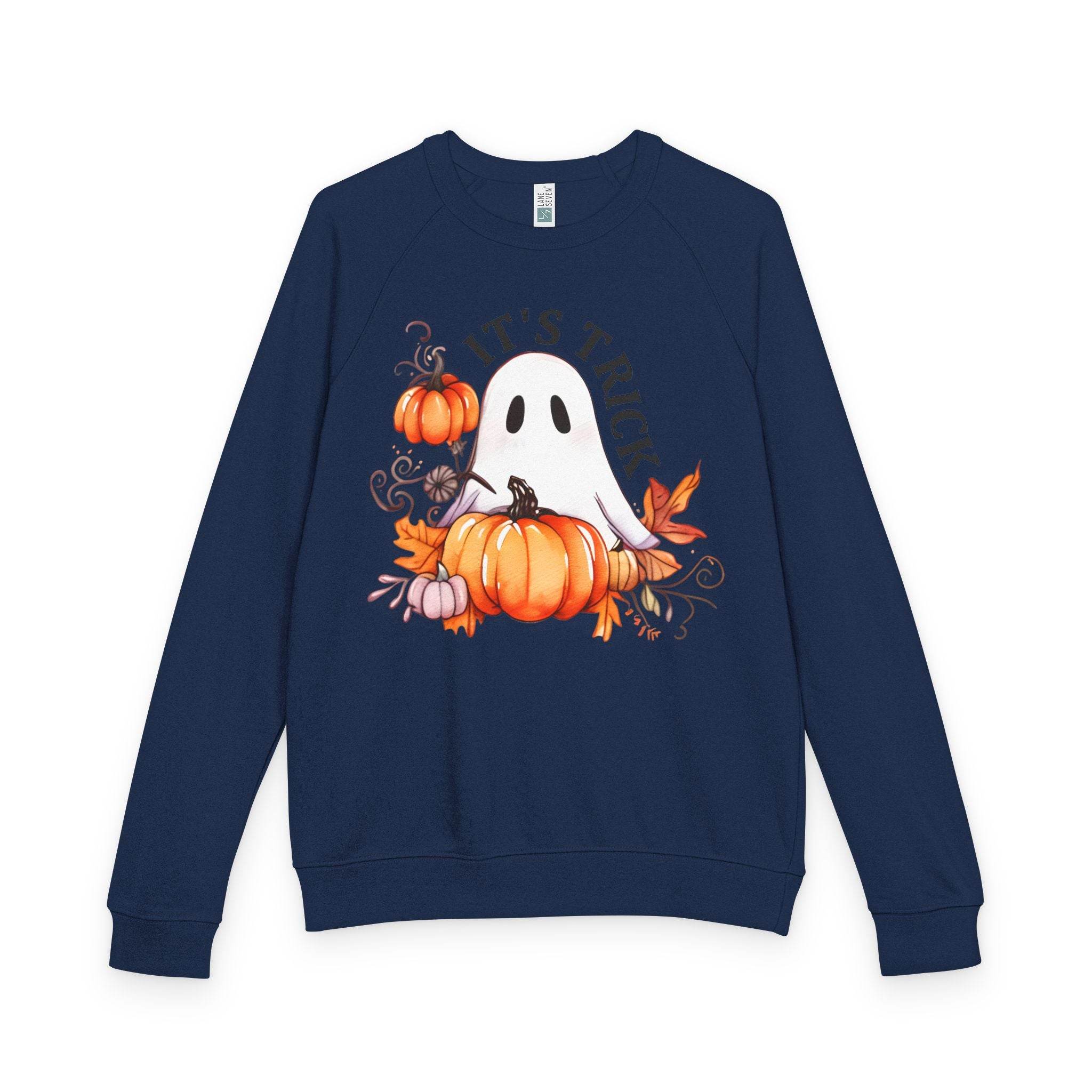 Printify eco-friendly unisex crewneck sweatshirt in navy with ghost and pumpkin Halloween design