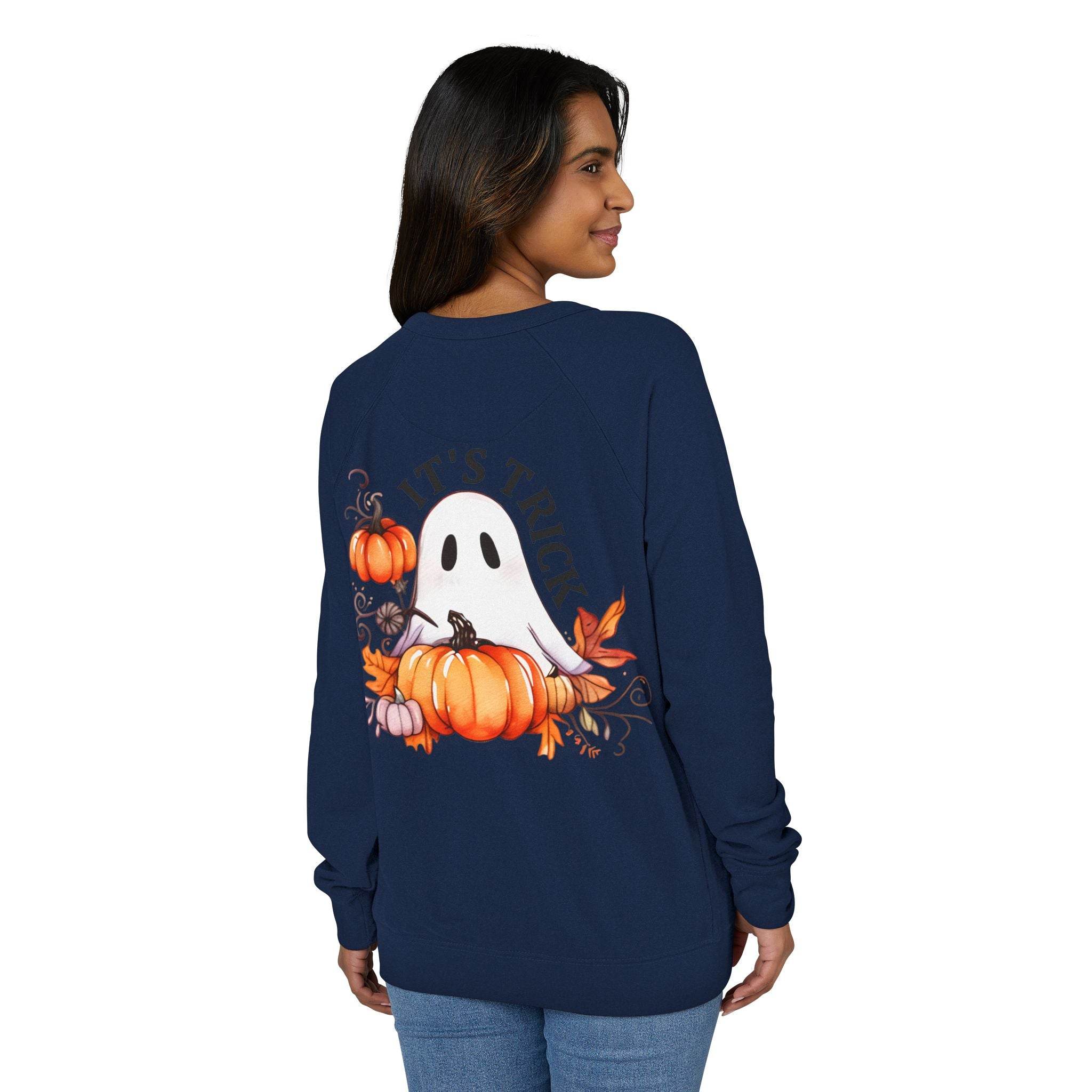 Printify eco-friendly unisex crewneck sweatshirt navy blue with ghost and pumpkin fall design