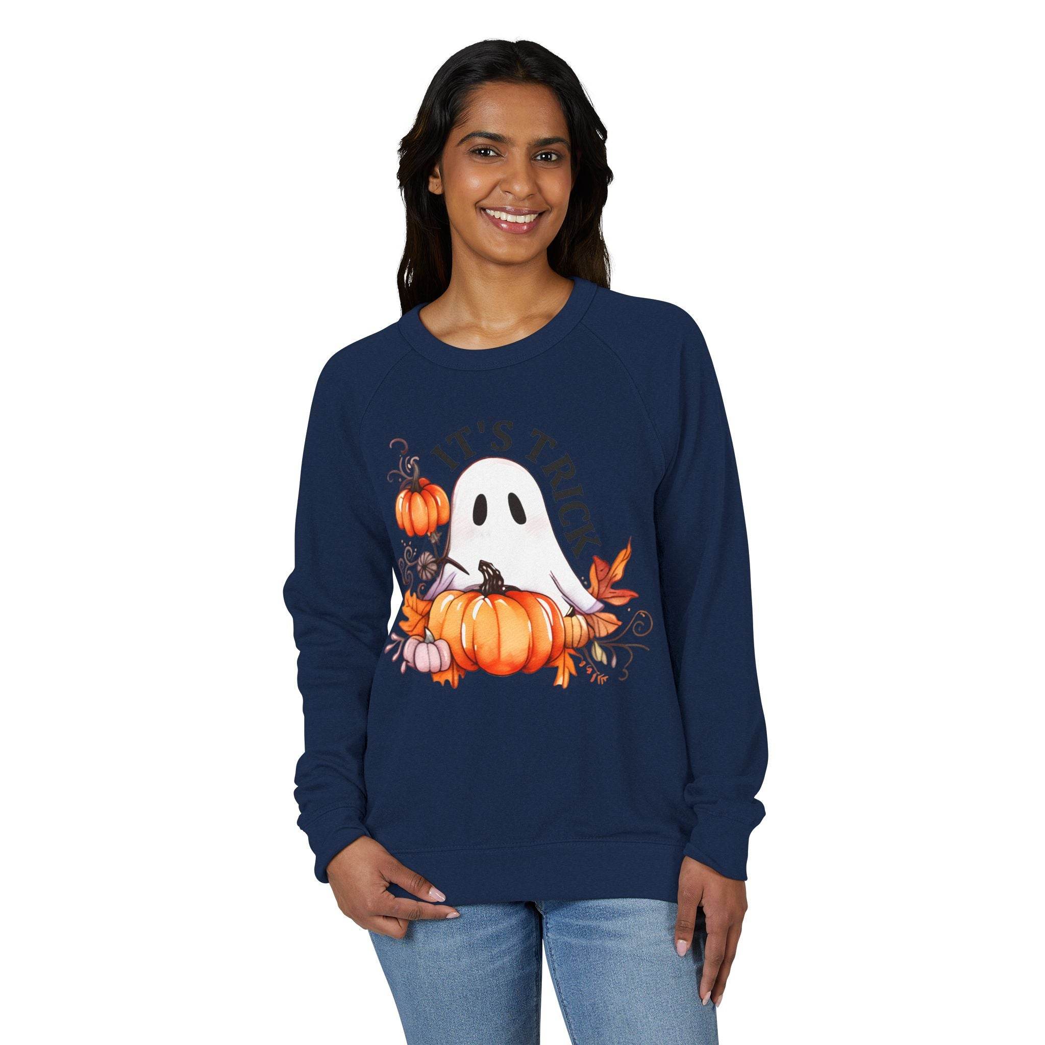 Printify eco-friendly unisex crewneck sweatshirt navy blue with Halloween ghost and pumpkins design