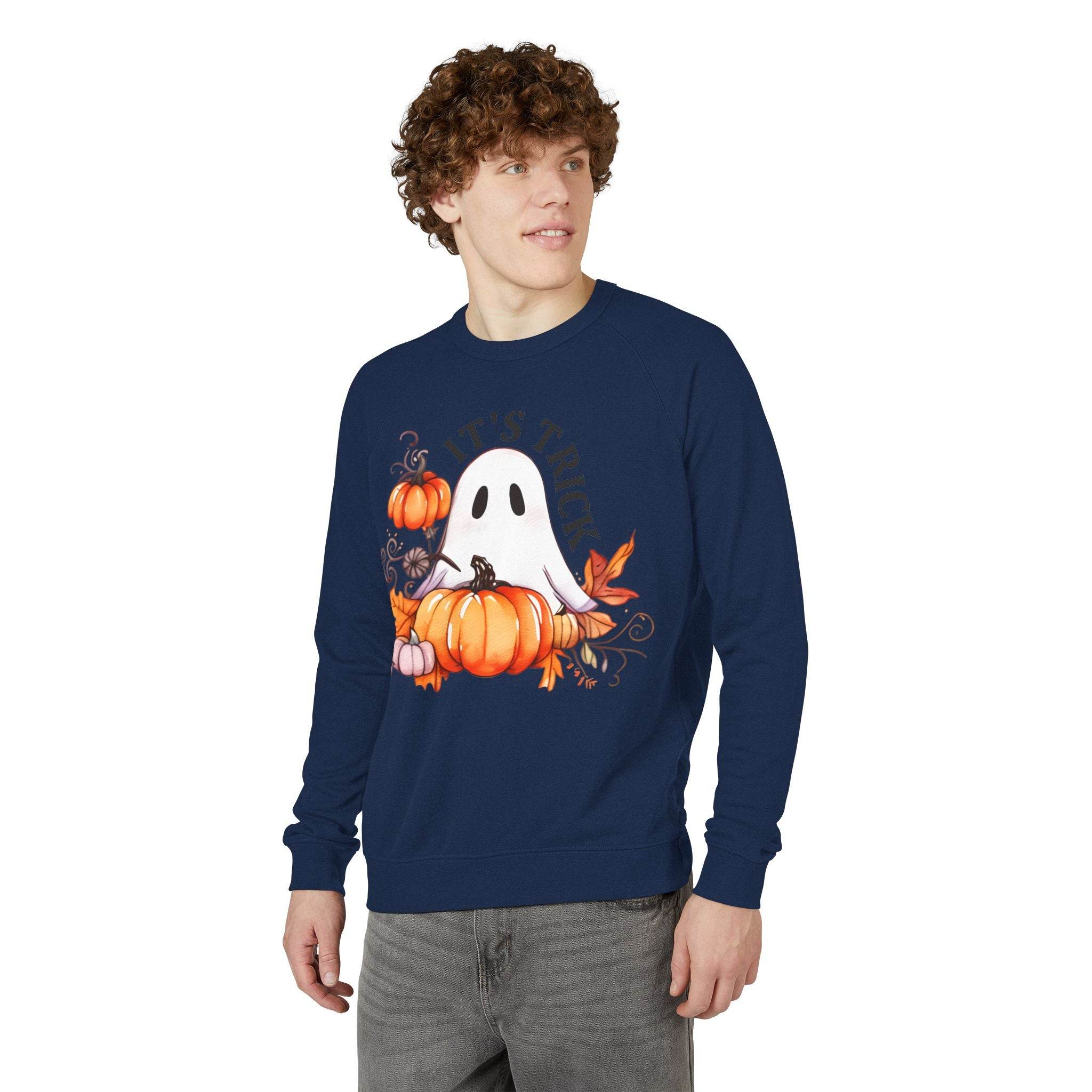 Printify eco-friendly unisex crewneck sweatshirt in navy with Halloween ghost and pumpkin design