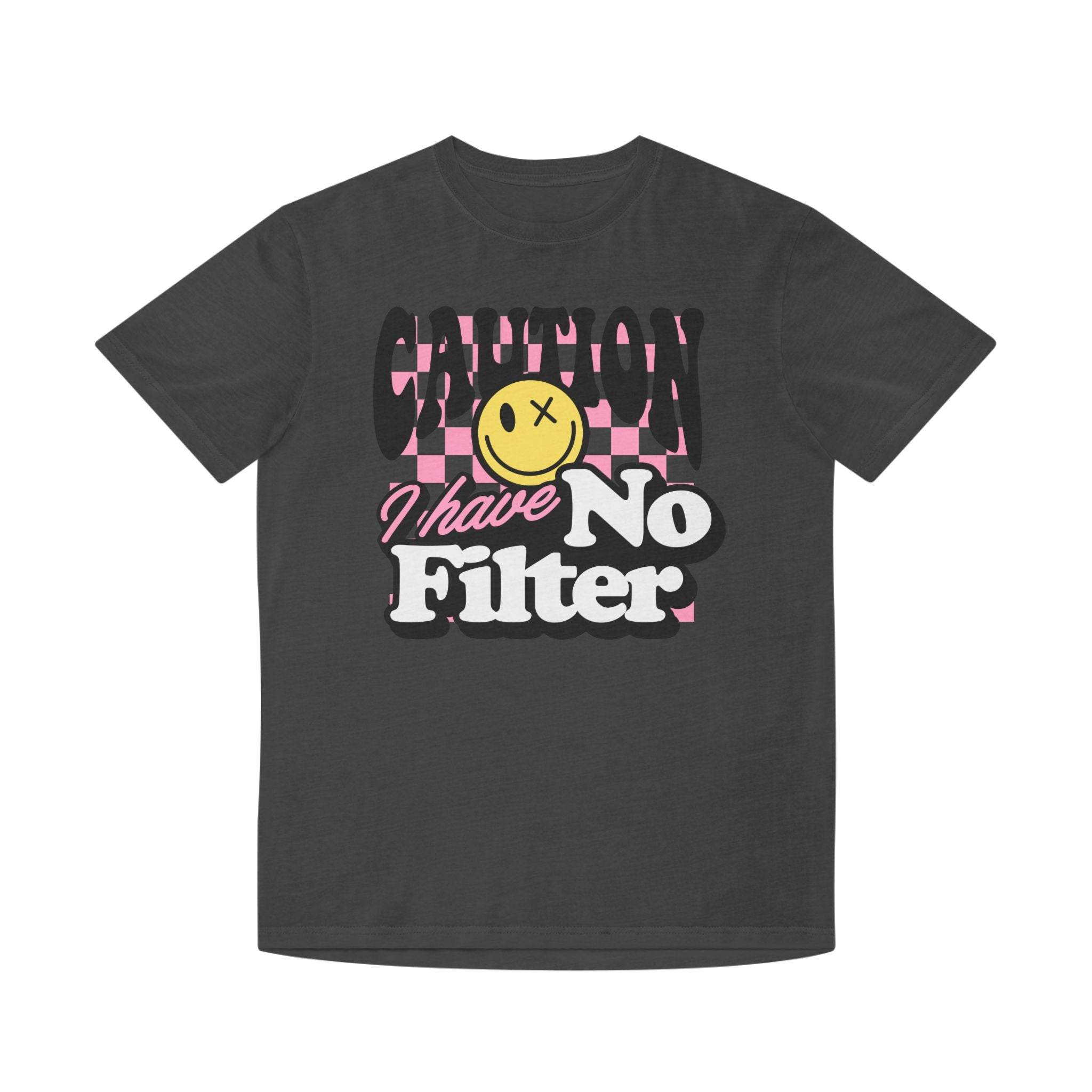 Printify eco-friendly unisex faded shirt in dark gray with graphic text and smiley face design